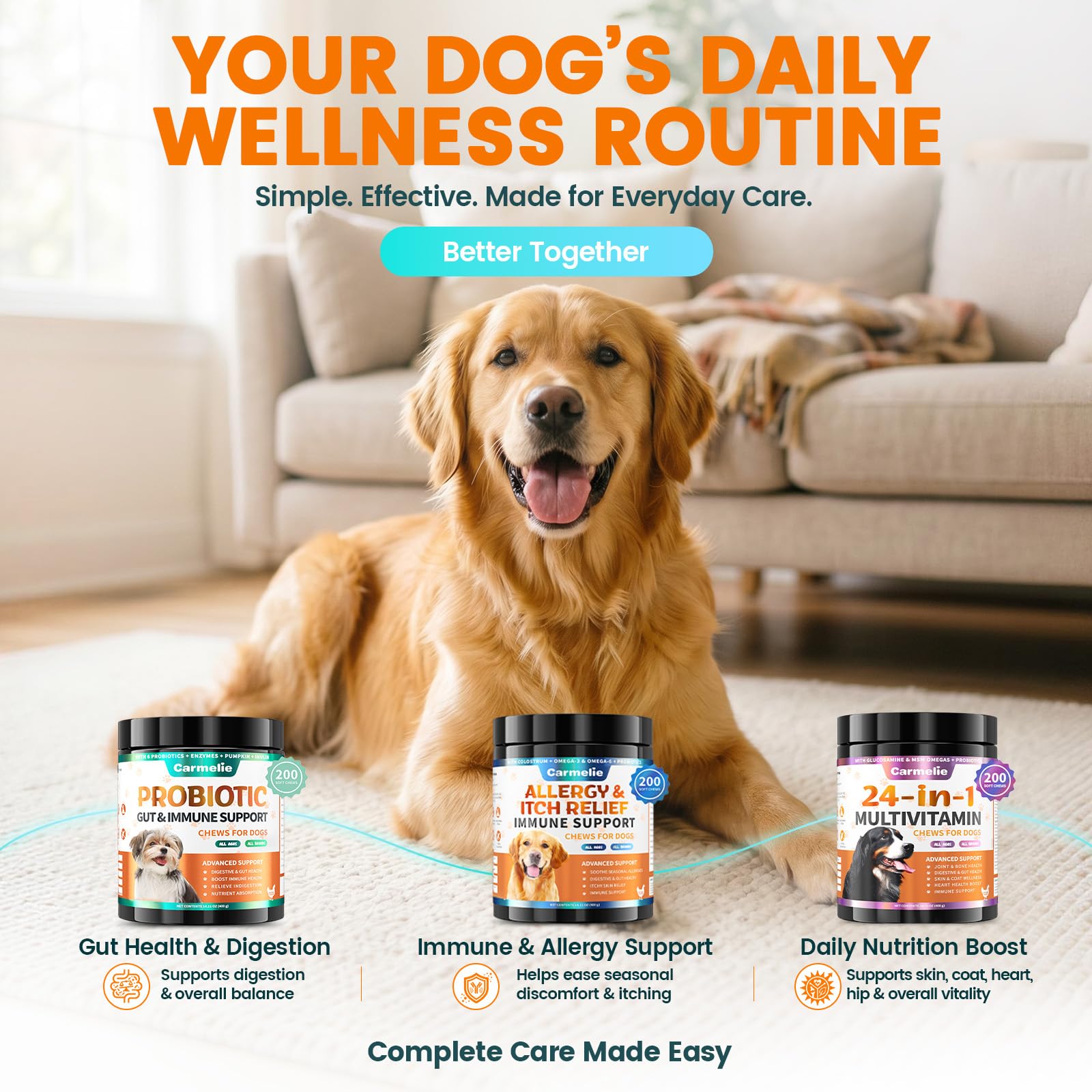 Carmelie Probiotiques pour chiens, 200 probiotiques digestifs et enzymes pour la santé intestinale avec citrouille, fibres pour chiens, anti-diarrhée, maux d'estomac, soulagement des gaz