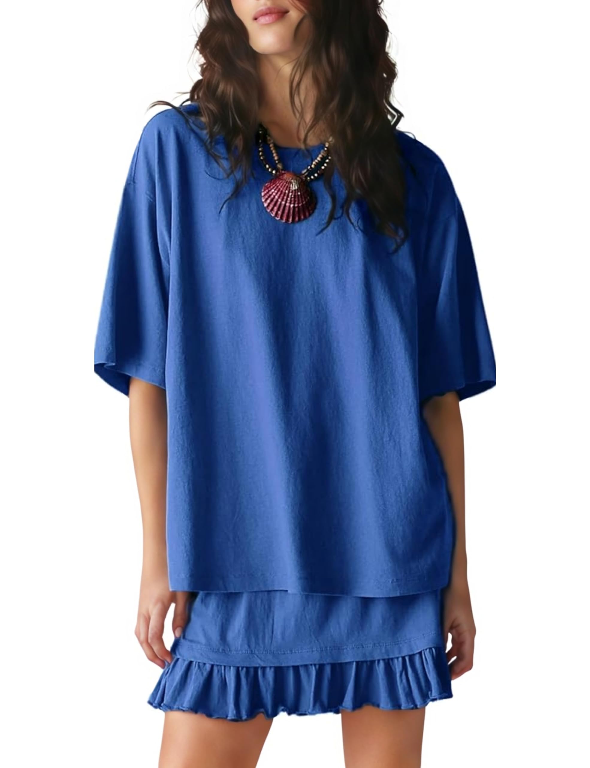Esmeling Women Summer 2 Piece Skirt Sets Round Neck Short Sleeve Outfits Casual Tops and Pleated Skirts Sets