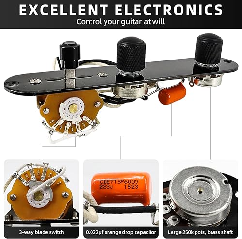 Miniatura 4 de Placa de control de guitarra totalmente cargada, interruptor de 3 vías precableado, 250 K, grandes potenciómetros moleteados, controles de tono