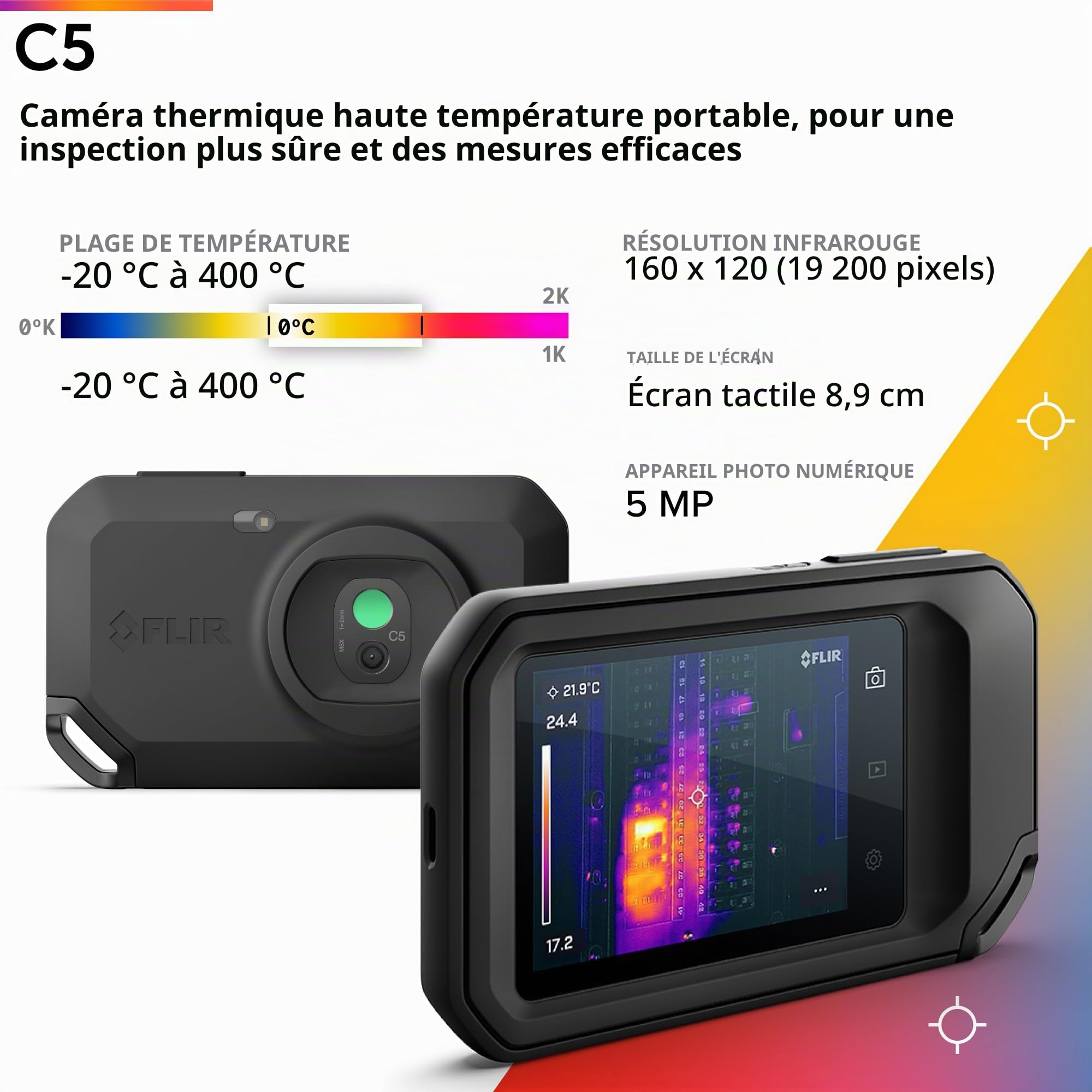 FLIR C5 Caméra thermique compacte avec Wi-Fi : imageur infrarouge haute résolution, mécanique + FLIR MR40 stylo d'humidité et lampe de poche, ensemble humidimètre portable de poche à échelle unique