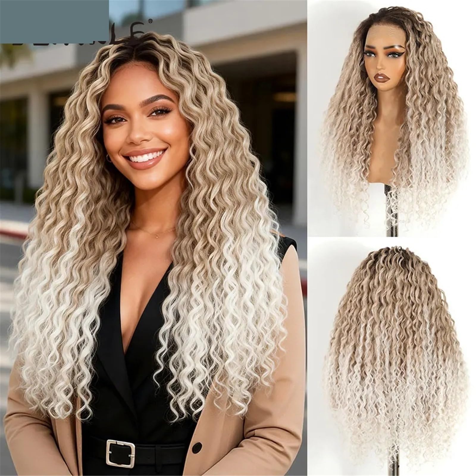 Parrucca Parrucca in pizzo Ombre biondo argento riccio 13x6 da 26 pollici