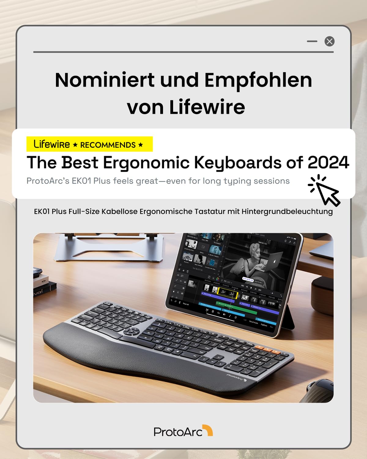 ProtoArc EK01 Plus Beleuchtet Ergonomische Tastatur Kabellos, Full Size | Split Wireless Keyboard mit Handballenauflage, Bluetooth und USB, Wiederaufladbar, für Windows/Mac/Android