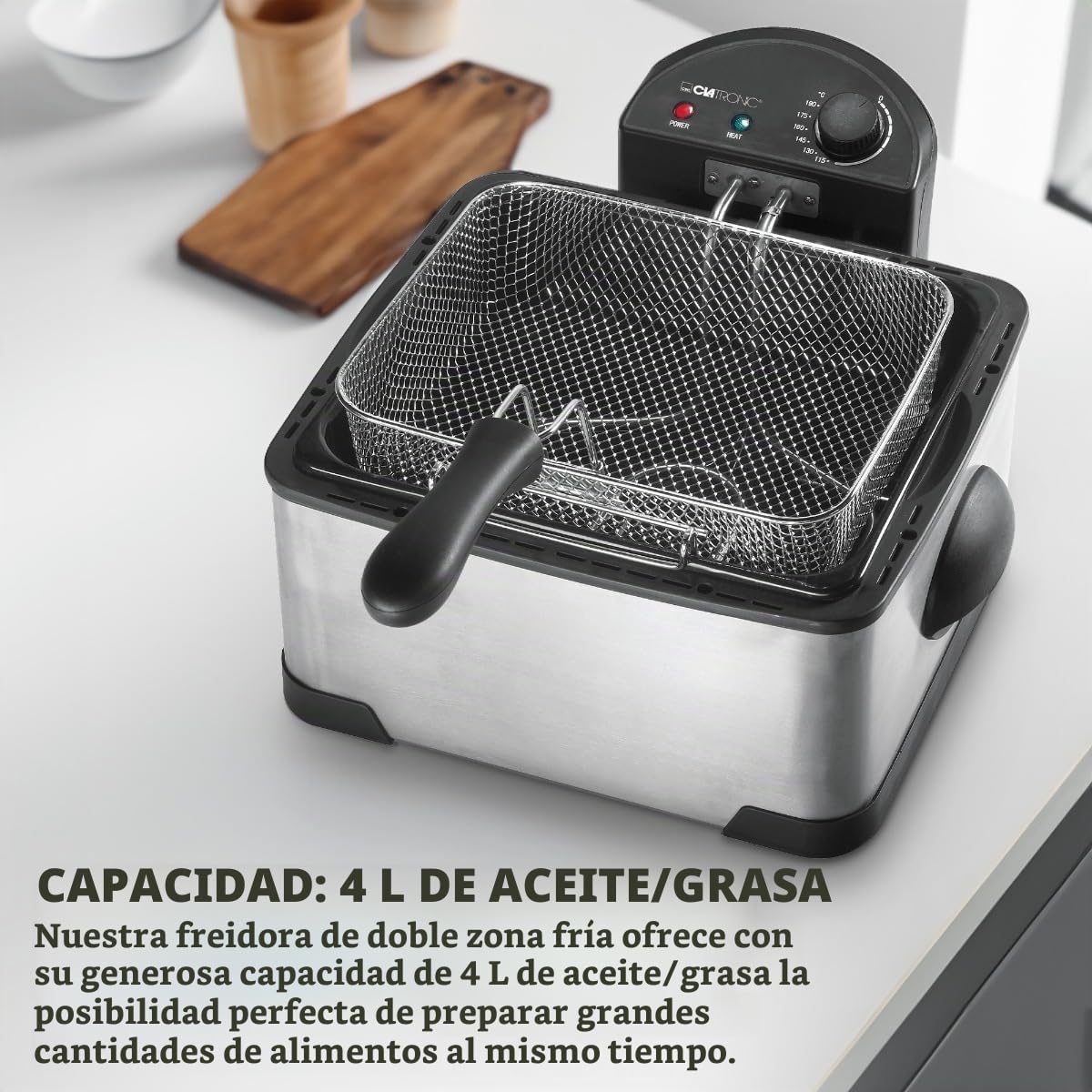 Clatronic® Freidora de doble zona fría para fritura rápida | freidora con grasa | freidora incl. 3 cestas de fritura | carcasa de acero inoxidable | freidora con 4 litros de capacidad y 2000W |FR 3195