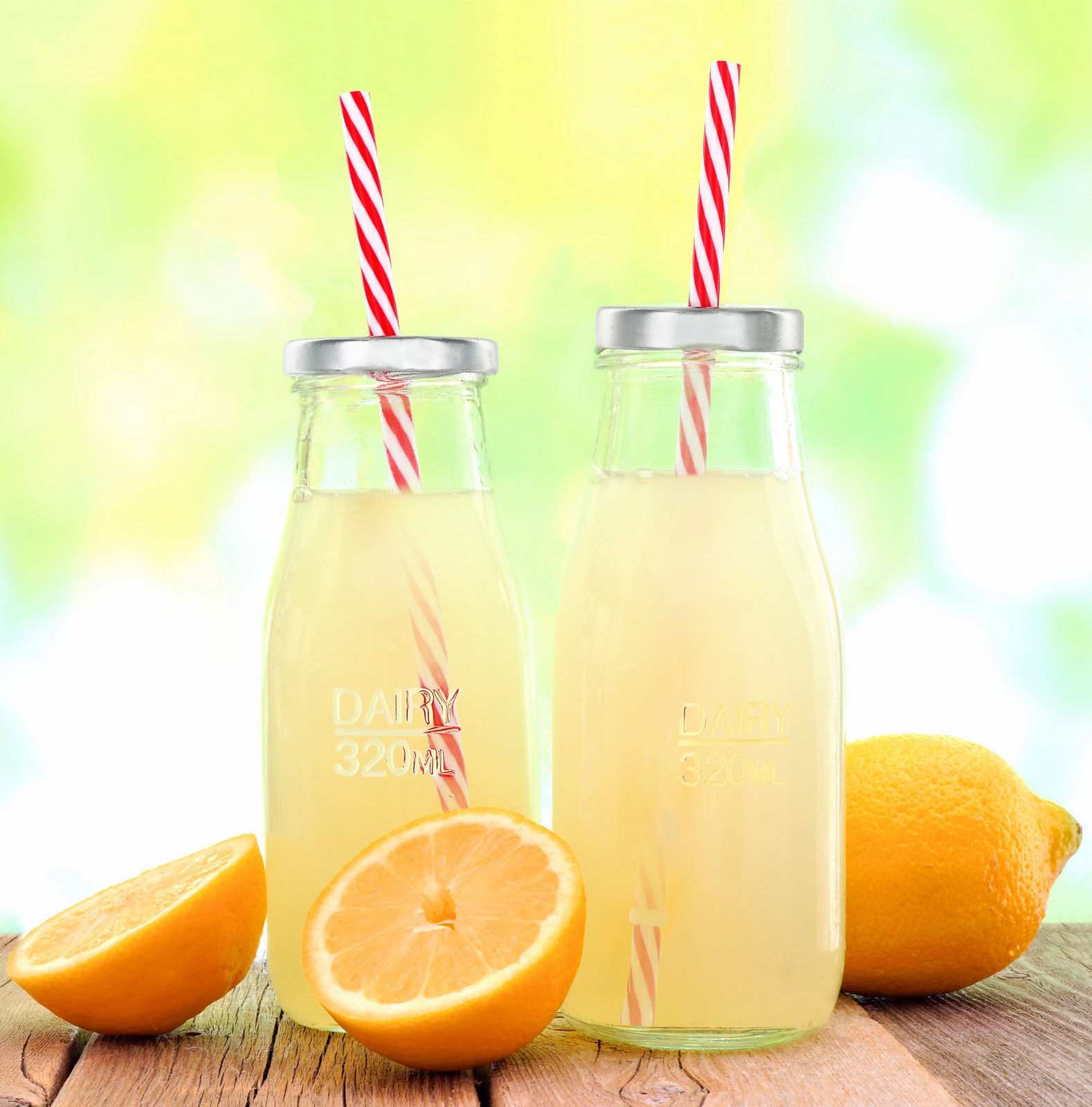 Estilo Dairy Glass Milk Bottle with Lids, 6 Pack, 10.5 Ounce 320 ML