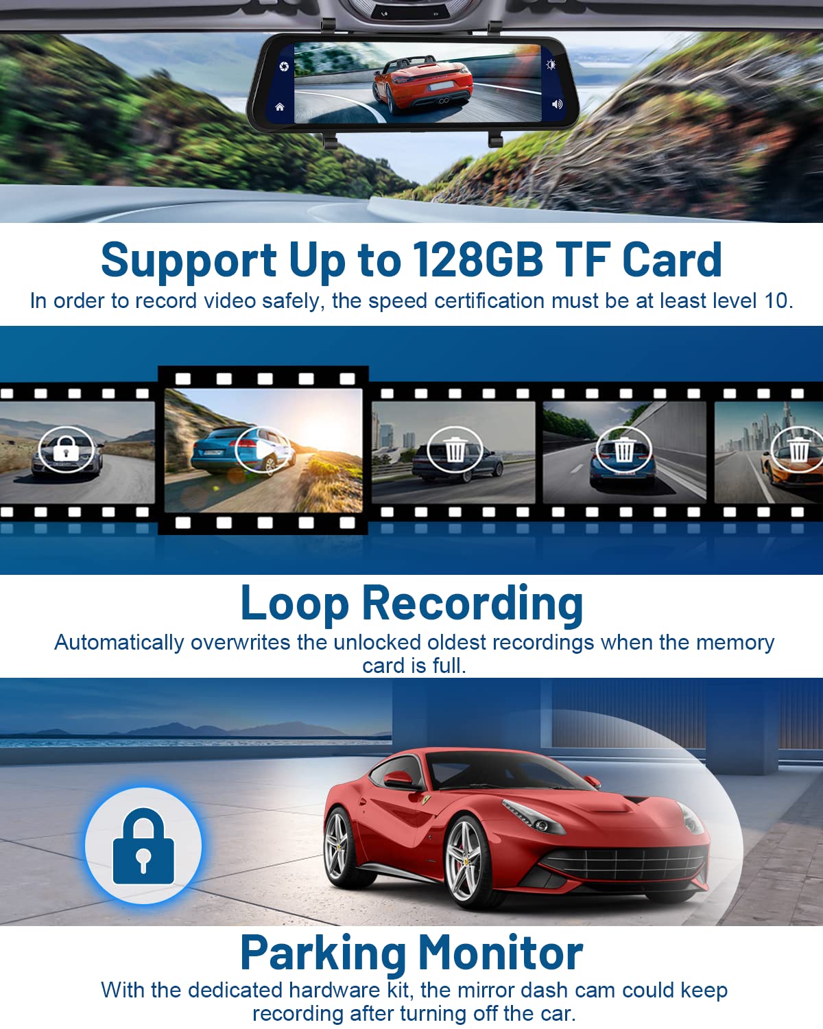 9.66'' Dashcam Cámara de Coche con Cámara Trasera con Carplay Android Auto, Control por Voz GPS Grabación en Bucle G-Sensor Monitor de Aparcamiento Super Visión Nocturna +Tarjeta SD 32G