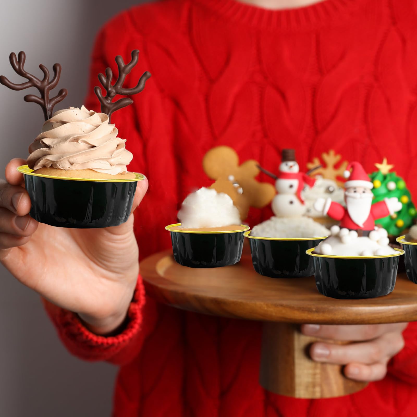Einweg-Backförmchen mit Deckel, Einweg-Backförmchen mit Deckel, 237 ml, Kuchenformen mit Deckel, Aluminiumfolie, Einweg-Muffinform für Vanillepudding, Creme, Brûlée, Schwarz (Schwarz, Gold)