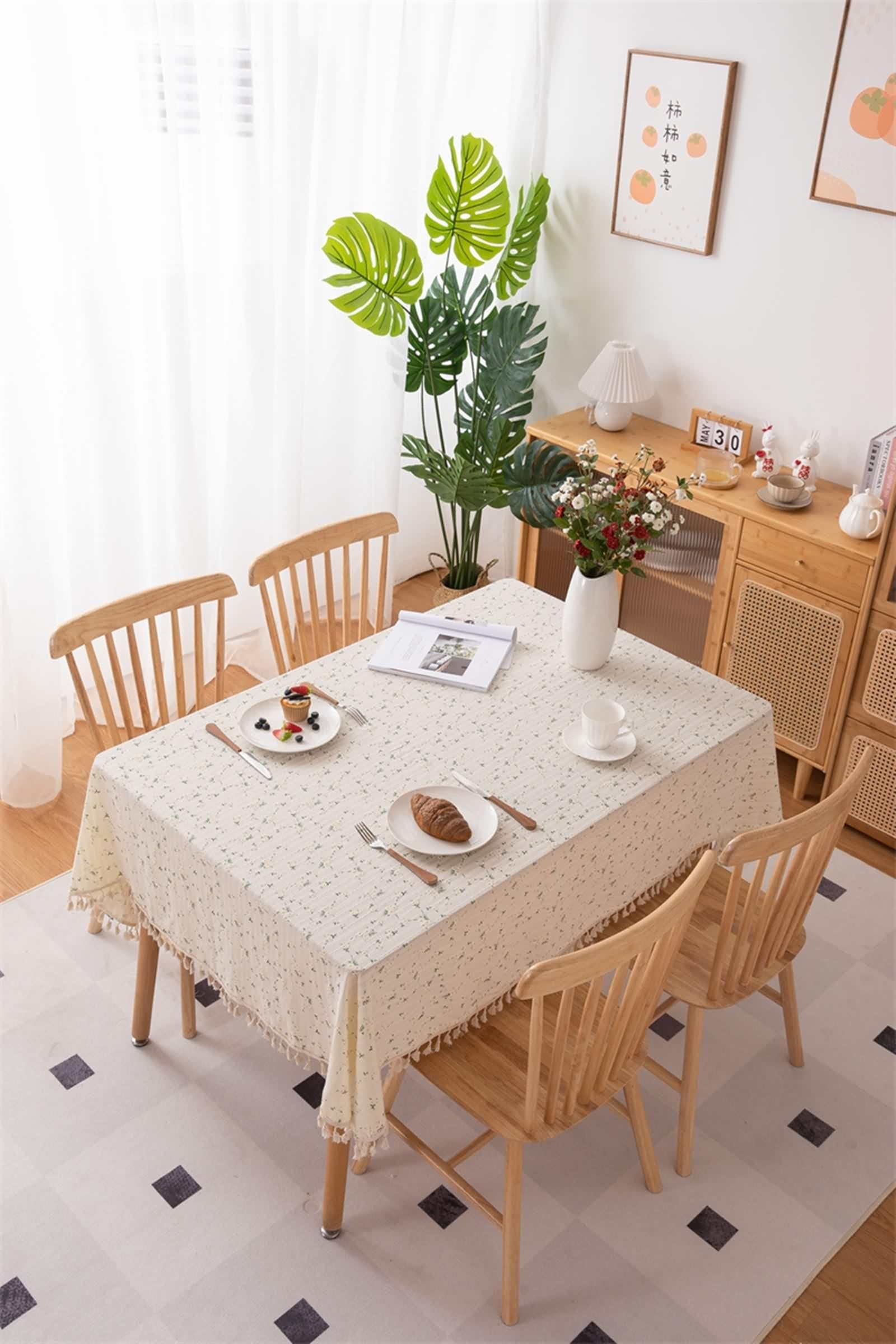 Tovaglia Cotone 140X180, Tovaglia Elegante Matrimonio Beige Verde Fiore Ricamato Copritavolo per Soggiorno Cucina