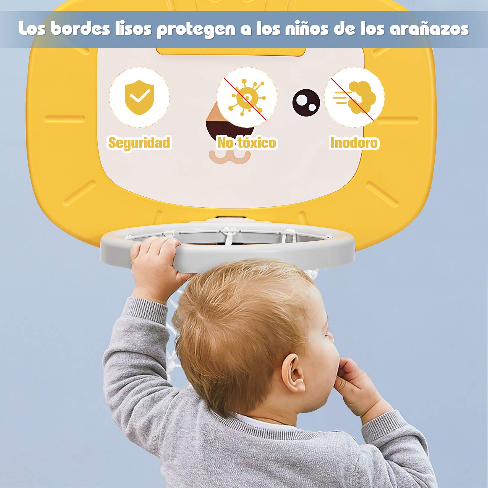 COSTWAY Canasta de Baloncesto para Niño Altura Ajustable con Portería de Fútbol y Golf Juguete para Interior y Exterior (Amarillo y Azul)