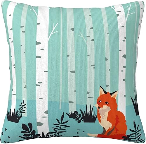 VARUN Fundas de almohada cuadradas de zorro para decoración del hogar, sofá, automóvil, dormitorio, bosque, animales, árboles altos, prado, floral,