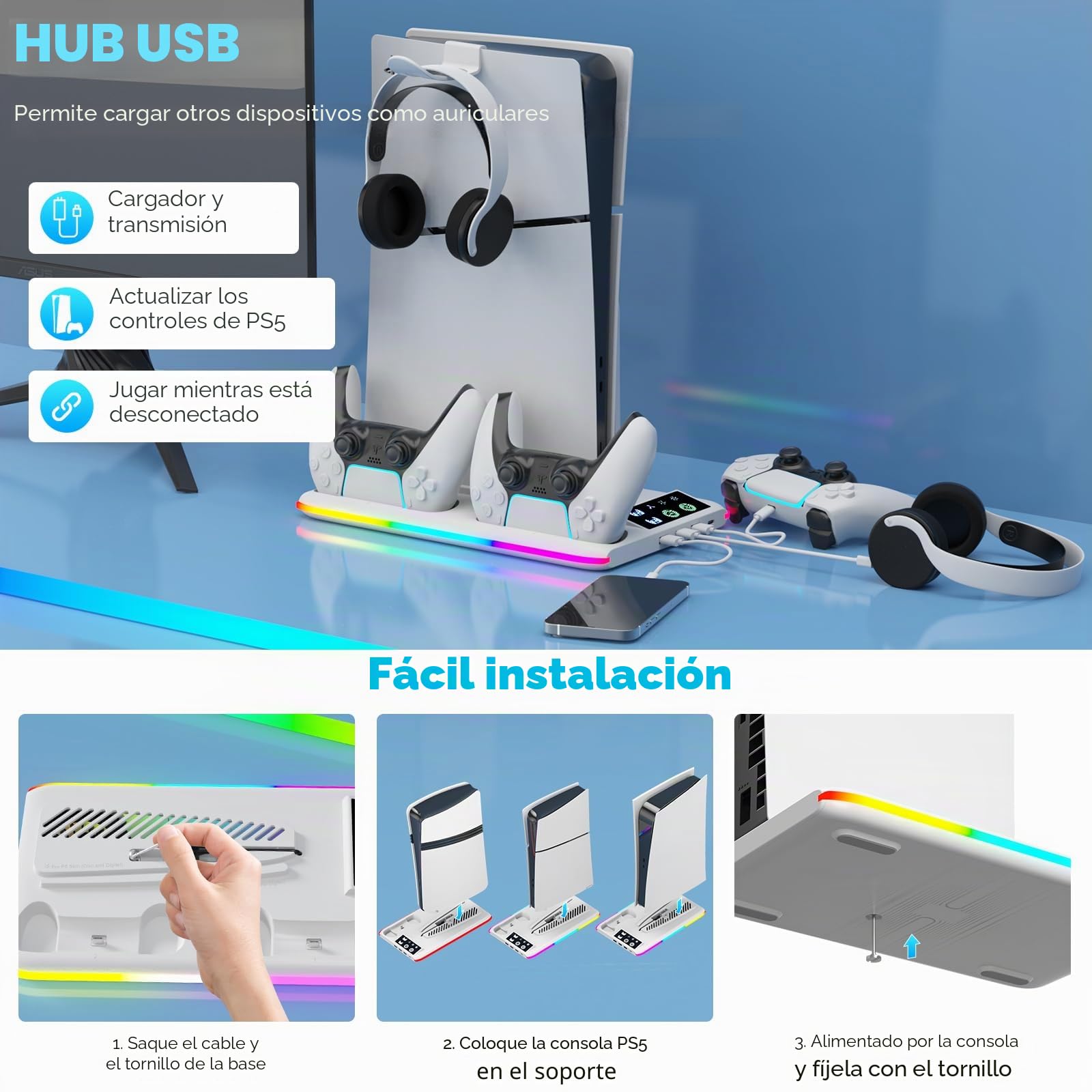 Soporte para PS5/Slim/Pro con Cargador Mando, Ventilador PS5 de 3 Velocidades, Luz LED RGB, Soporte PlayStation 5 Vertical con 3 Puertos USB, Soportes Compatible con Consola PlayStation 5