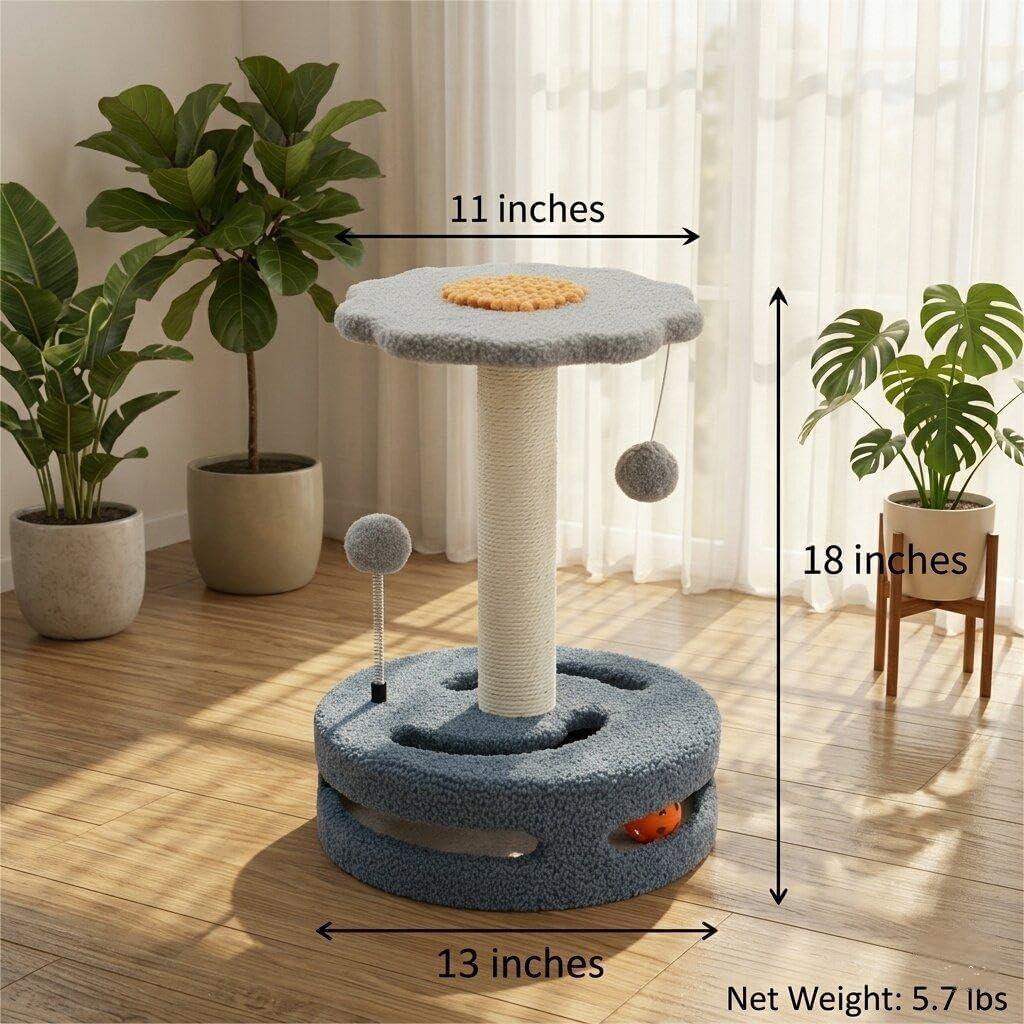18" Tall Cat Scratching Post with Platform, Replaceable Sisal Pads, Hanging Ball & Interactive Toy, Sturdy Scratcher for Indoor Cats Grey.