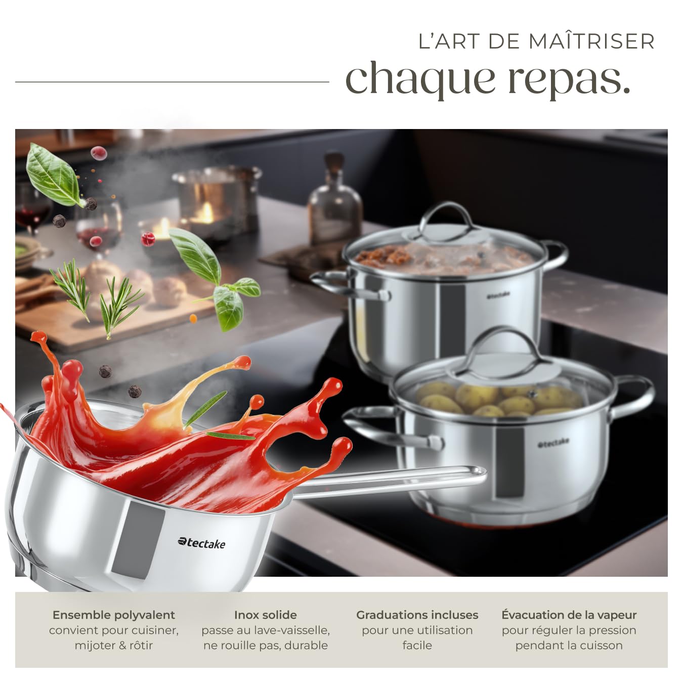 tectake® Set de 5 Casseroles et 4 Couvercle en verre, Batterie de cuisine Casserole inox, 1 Casserole à manche, 4 Casseroles à poignées, Compatible induction, gaz, électrique, vitrocéramique, Cuisine