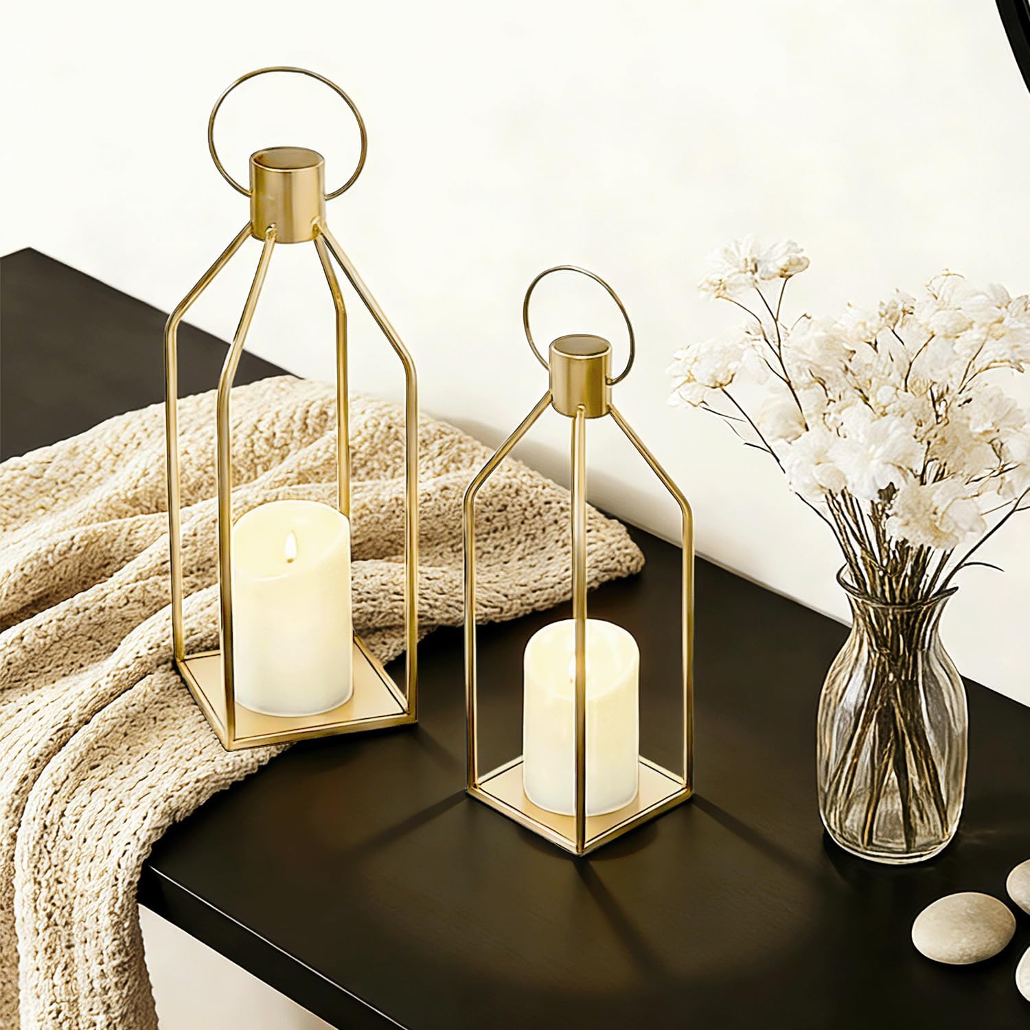 2 Pcs Lanterns Decorative Indoor, Set of 2 Gold Metal Candle Lantern Modern Farmhouse Lanterns Decorative for Home Decor, Mantle, Patio, Porch, Garden