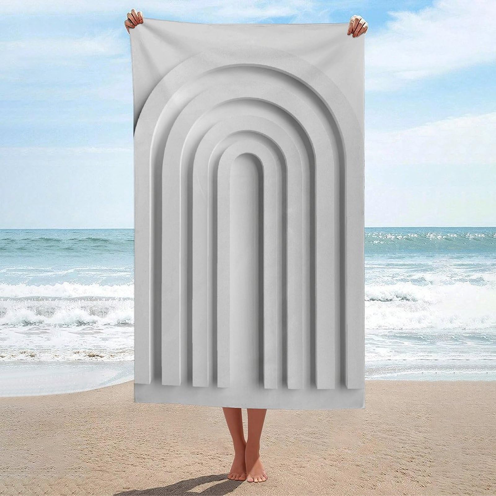 asbwuo Black and White Stacked Arches Abstract Beach Towel