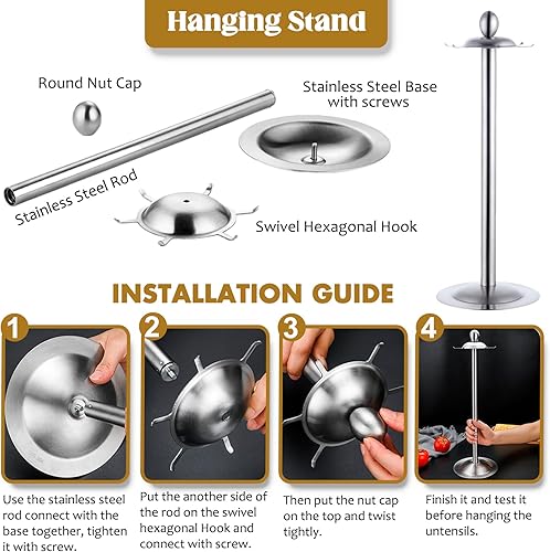 Miniatura 9 de Juego de utensilios de cocina de acero inoxidable, juego de 17 utensilios de cocina de metal con soporte giratorio, juego de espátula de cocina