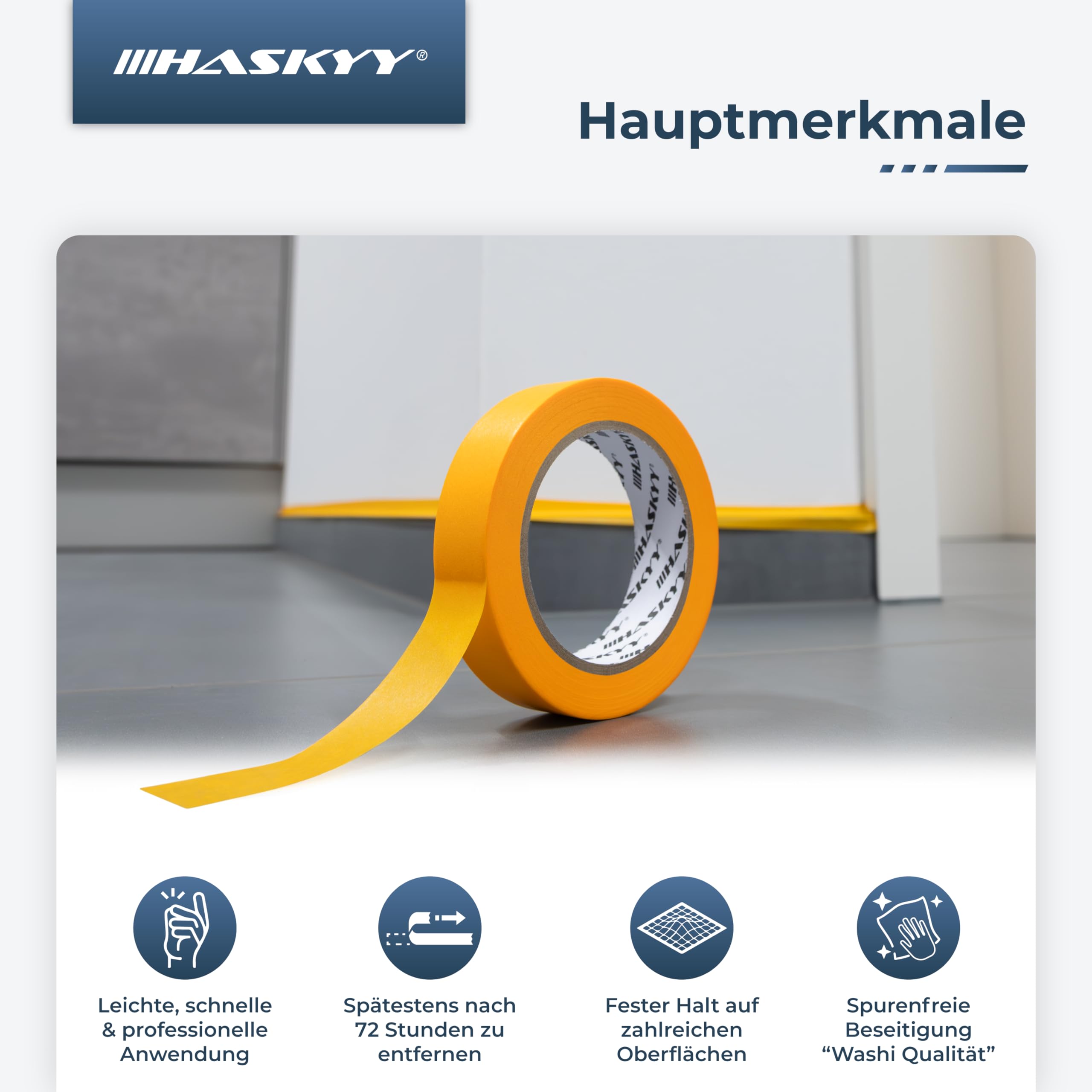 HASKYY Cinta de Pintor 30mm x 50m - 50 rollos de cinta de carrocero pintura, masking tape - Enmascarar Paredes de Precisión Cinta Adhesiva no Deja Residuos