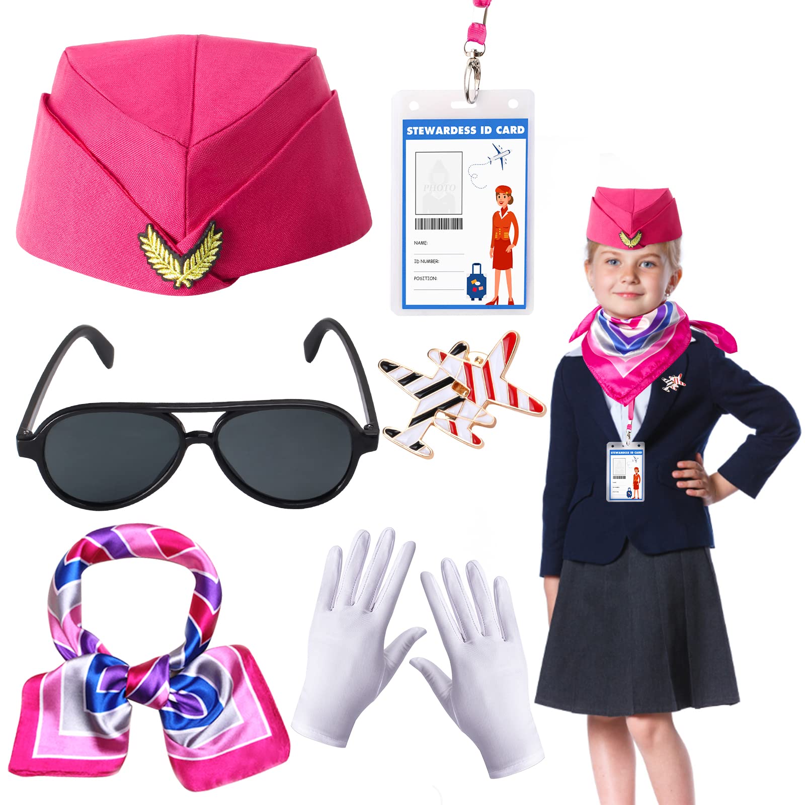 Kids Flight Attendant Accessories Set Stewardess Air Hostess Hat for Girls Career Dress Up Cosplay Halloween Costume