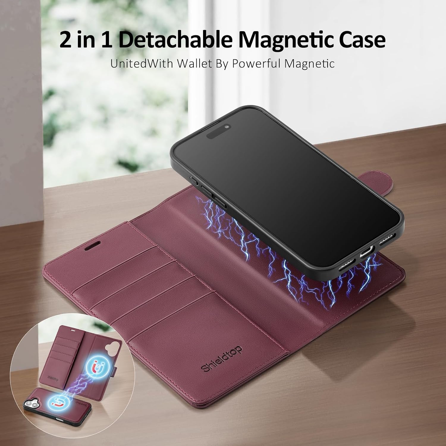 Shieldtop Compatible with Magsafe Magnetic 2 in 1 Detachable iPhone 16 Plus Wallet Case with Card Holder Credit Slots Men Women,PU Leather RFID Blocking Flip Kickstand for Apple 16 Plus,Wine Red