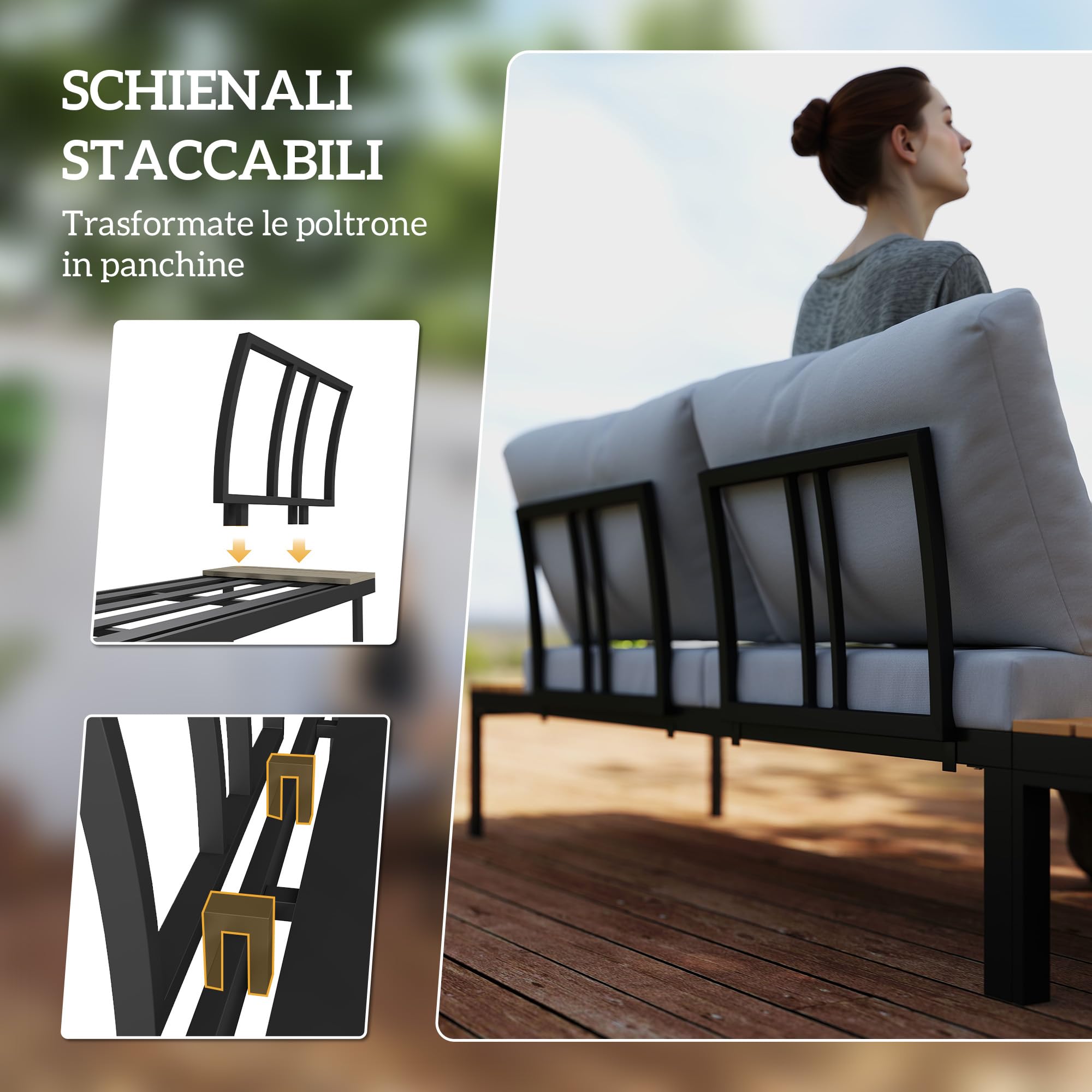 Outsunny Set Salotto da Giardino 4 Pezzi, 2 Divanetto 2 Posti, 2 Tavolini Caffè Quadrati, Legno e Cuscini Sfoderabili, Metallo e Legno Composito, Teak
