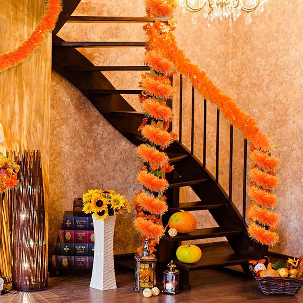 33FT Thanksgiving Tinsel Garlands Glittering Orange Metallic Twist Garland