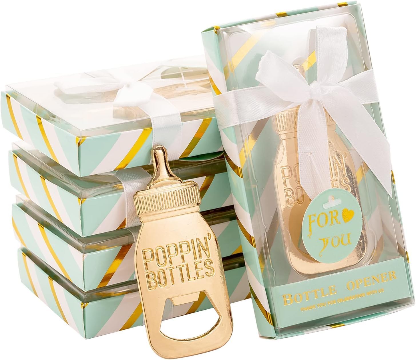 Pack of 24 Bottle Openers Baby Shower Favors, Gifts, Decorations, or Souvenir for Guest With Gift Boxes, Poppin Bottle Design for Baby Boys or Girls (Green)
