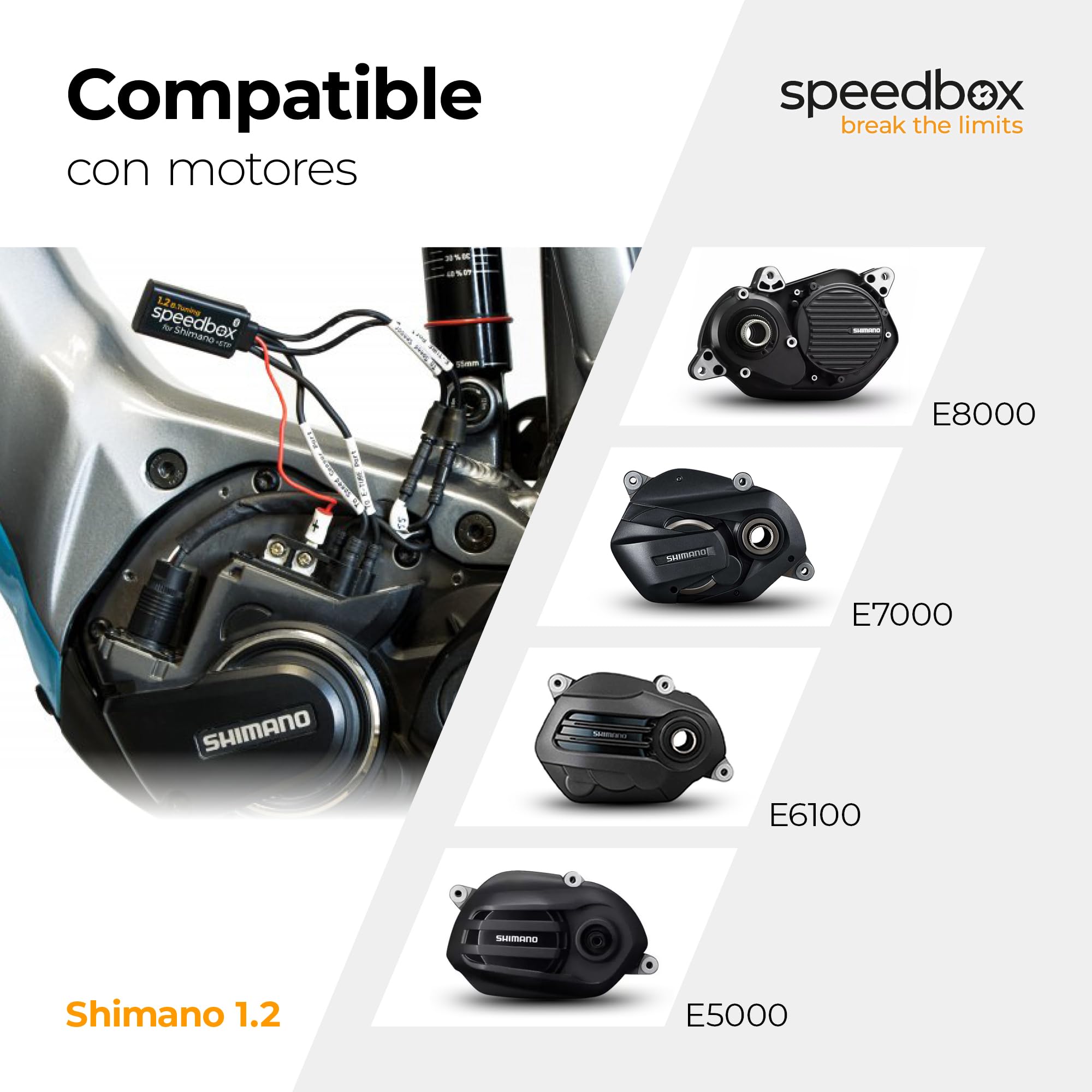 SpeedBox 1.2 compatible con Shimano/Chip de tuning para bicicletas eléctricas con motores Shimano E8000, E7000, E6100, E5000 + E-Tube port Di2 + Sistema Satélite