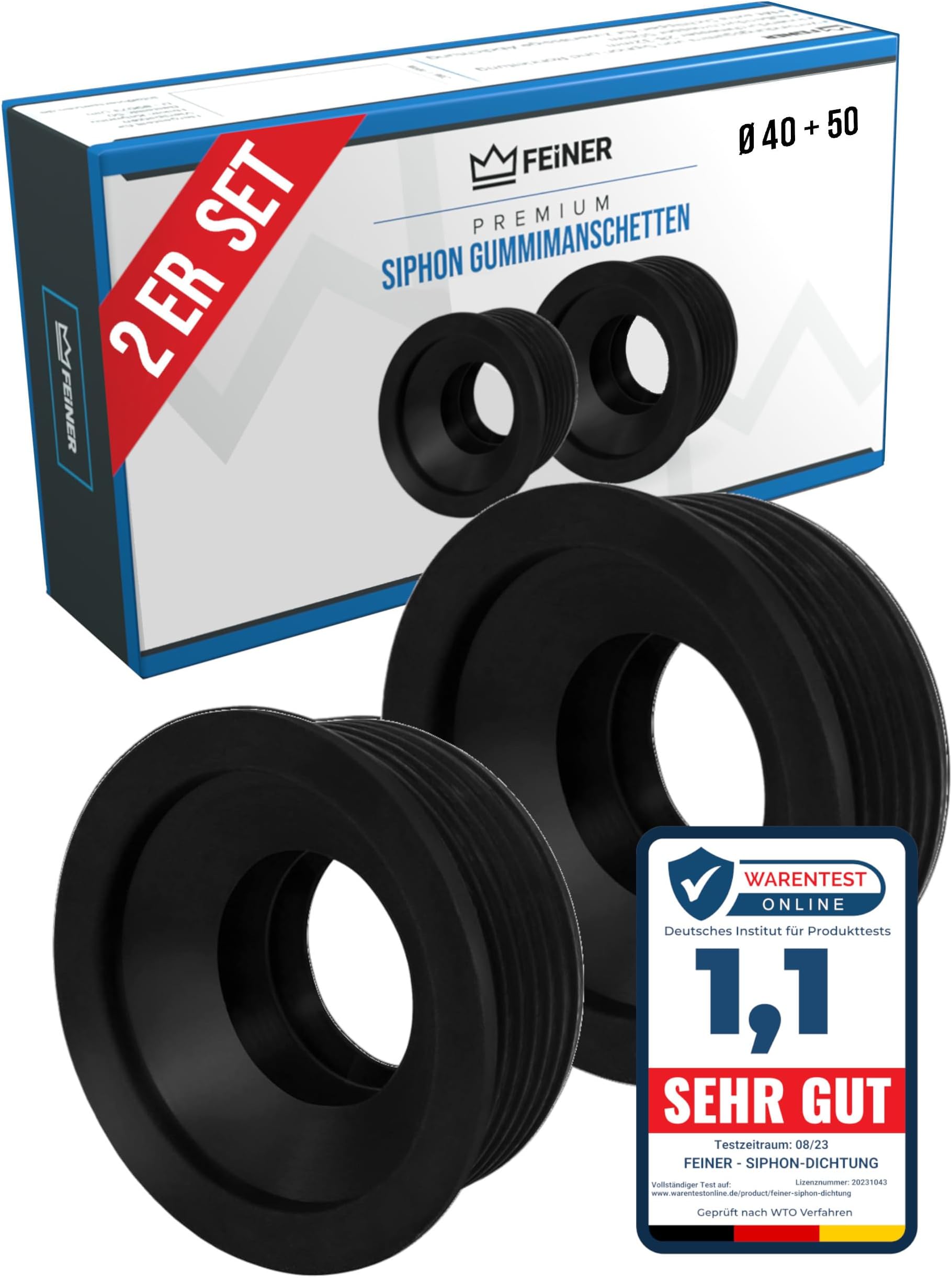 FEINER® [Set of 2] Siphon Rubber Sleeve 50 32 - Outer Diameter 50 mm + Diameter 40 mm - Both Inner Diameter 28-32 mm Rubber Sleeves - Connection to DN 40 and 50 HT Drain Pipes and Siphon Arch