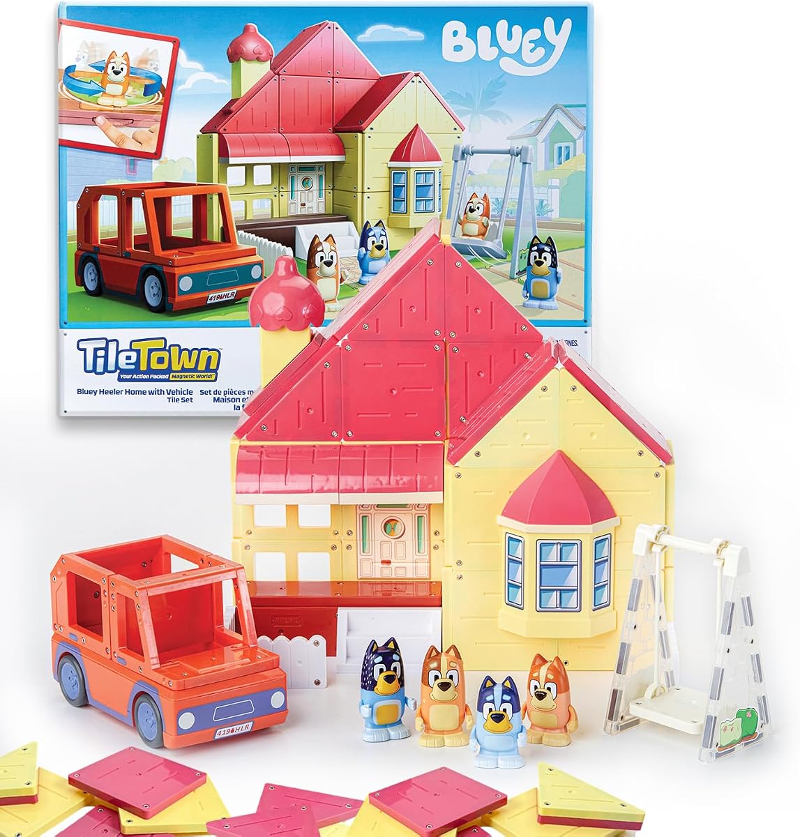 Bluey Heeler Family Home Magnetic Tile Set, 52 Pieces | Includes Bluey & Bingo figures, action tiles, 1 vehicle; STEM building toy for kids ages 3+