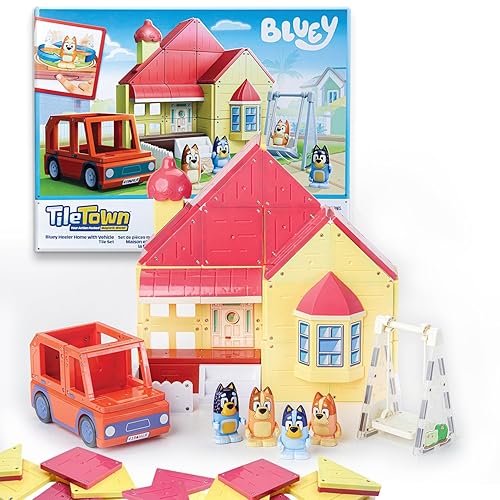 Tile Town Bluey Heeler Family Home 52-Piece Magnetic Tile Playset, Interactive STEM Magnetic Tiles Toys, Includes Bluey & Bingo Figures, Action Tiles