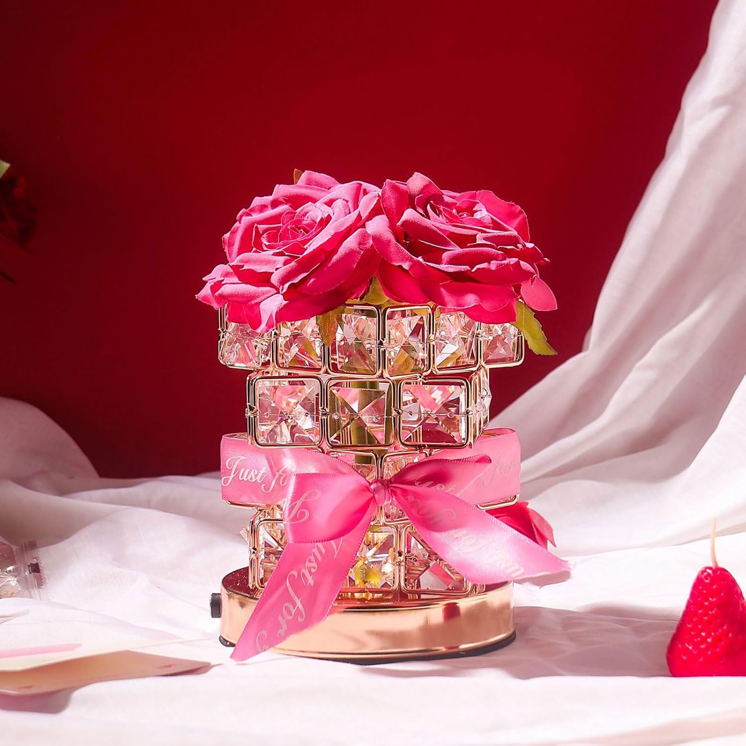 Crystal Table Lamp, Rechargeable Cordless Rose Light 3 Colors Dimmable Flower Lamp, Romantic LED Diamond Lamp for Bedroom Living Room Decor, Valentine Birthday Gift for Her (Rose Red)