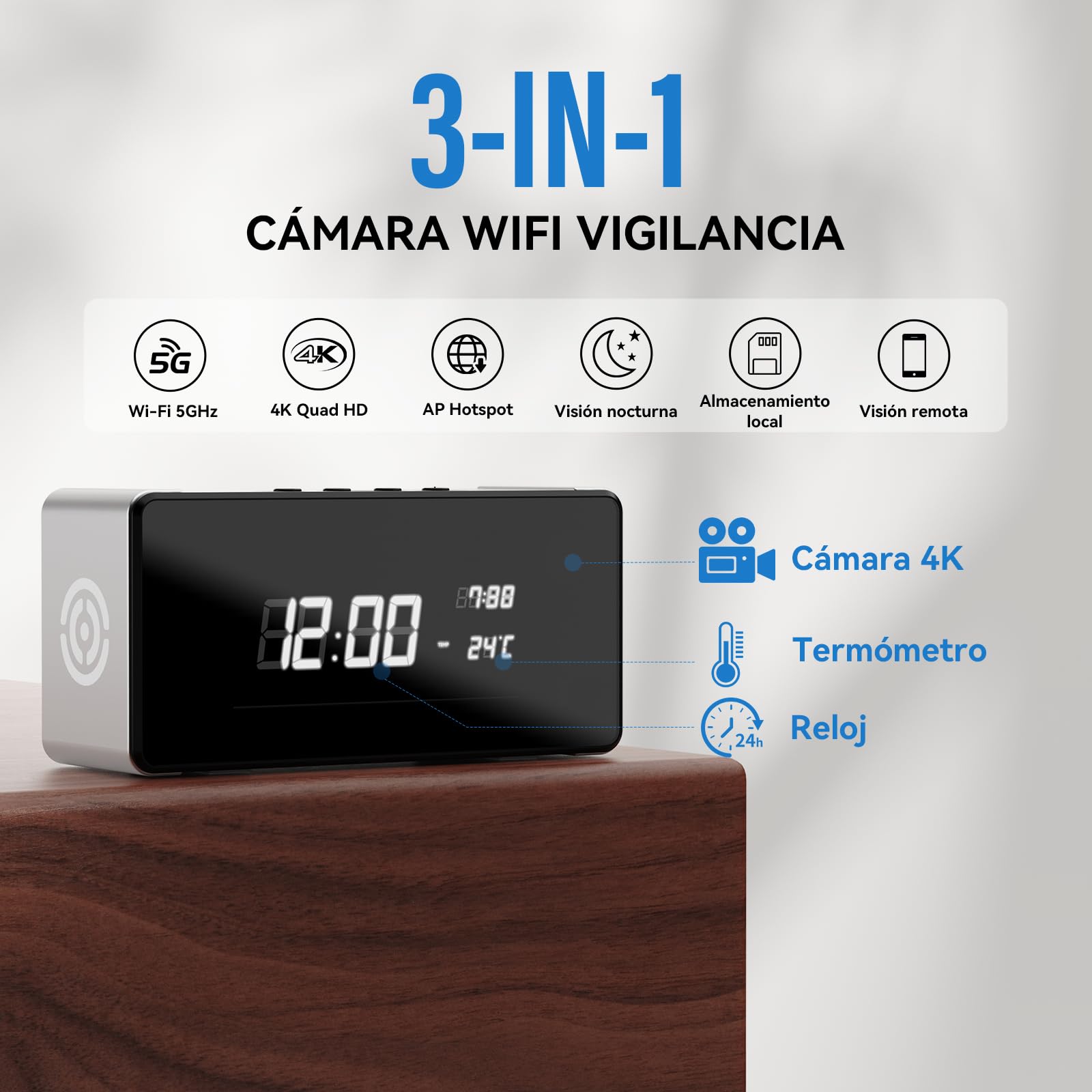 Mini Camara Espia Oculta, Camara Vigilancia WiFi Interior 4K Ultra HD, Lente Gran Angular de 150°, Transmisión en Tiempo Real, con Detección de Movimiento, App Móvil