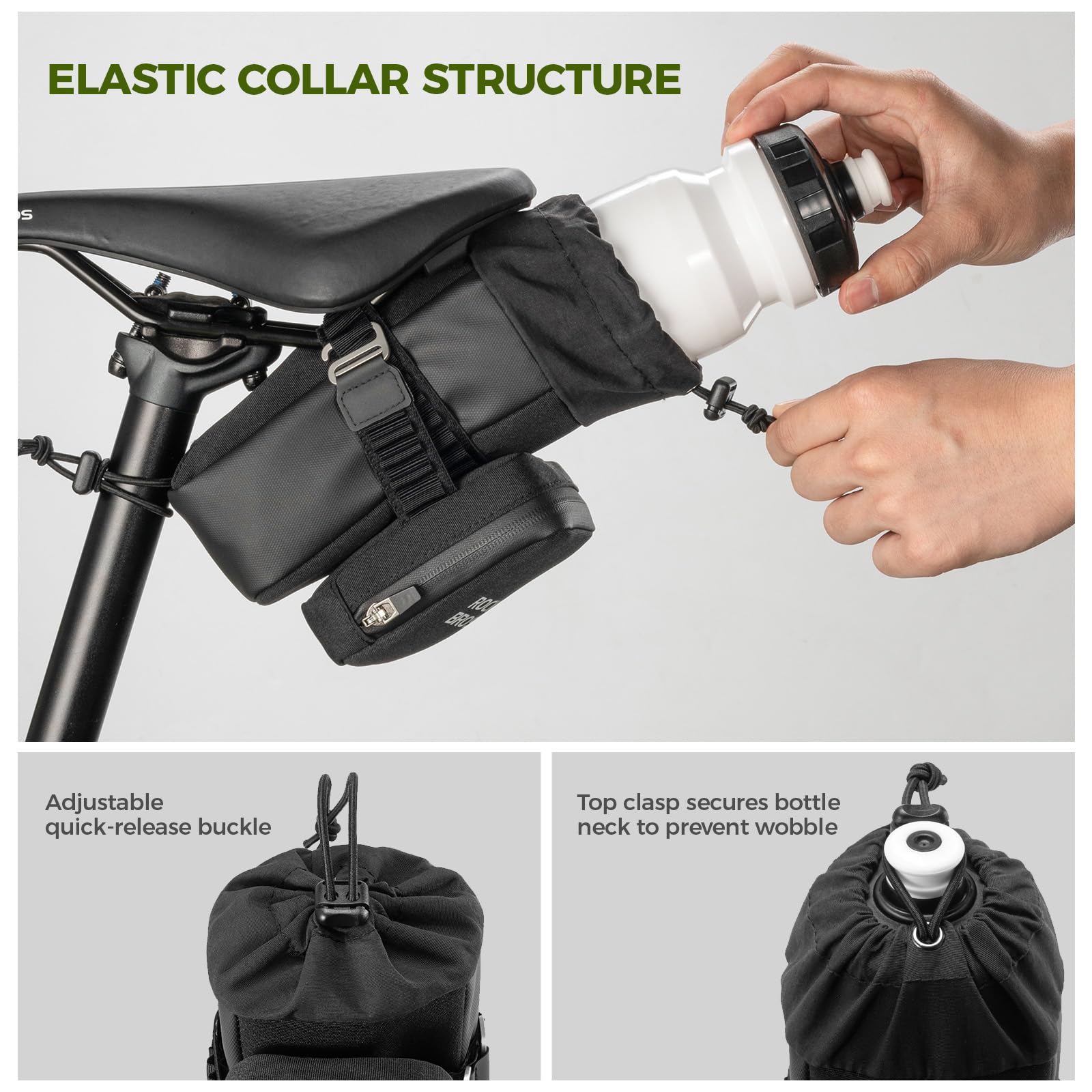 ROCKBROS Borsa da Sella Bici 2-in-1, Borsa per bottiglie 0,7L e Borse Piccola Sottosella Bici 0,3L, Regolabile e Rimovibile, per Mountain Bike MTB Biciclette, Nero