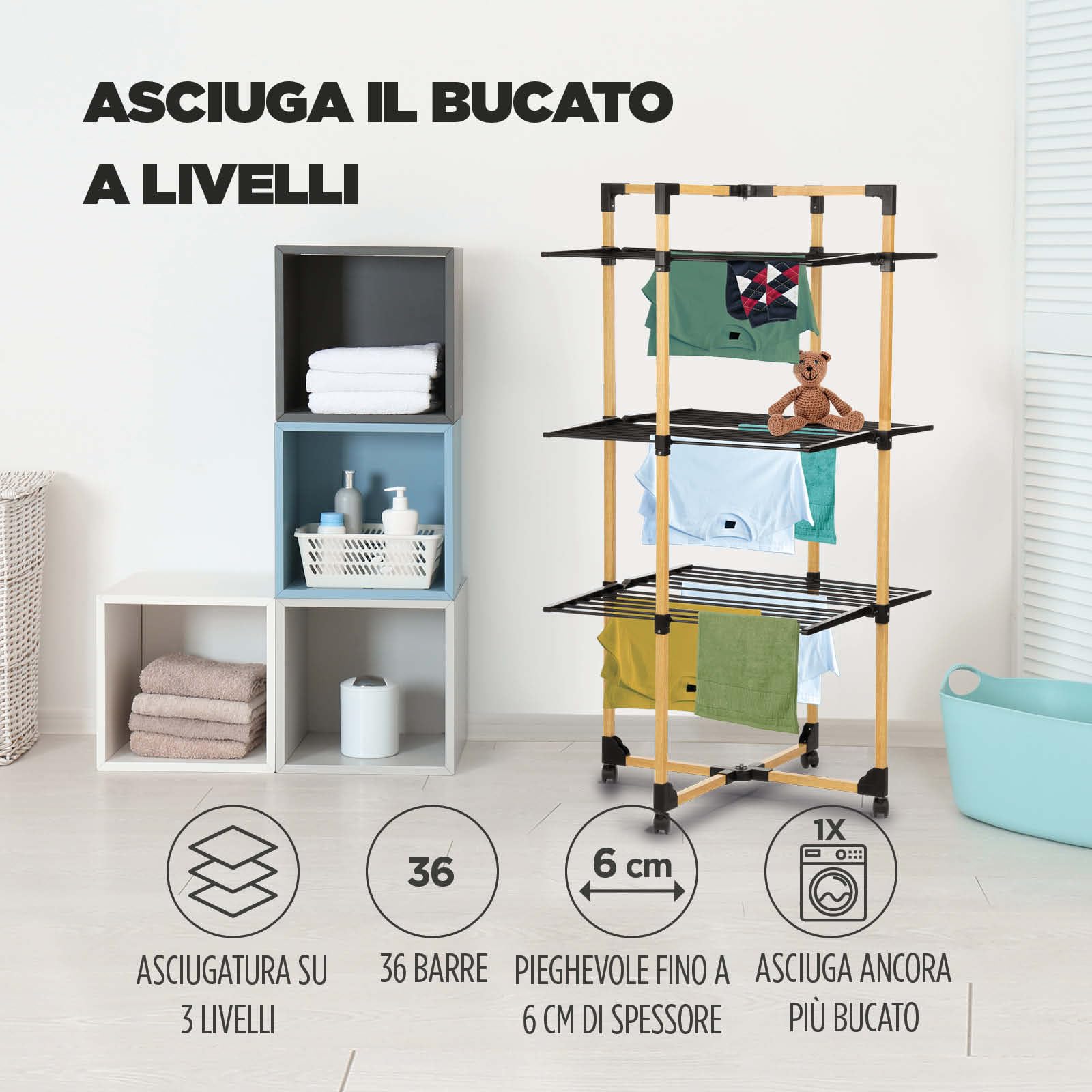VITAPUR Stendibiancheria pieghevole, asciugabile a più livelli, asciugabiancheria 69 x 136 x 69 cm, fino a 20 kg, asciugabiancheria ideale per piccoli appartamenti, ruote stabili
