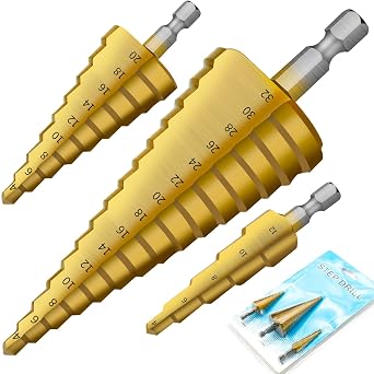 3Pcs HSS Step Drill Bits Set, 4-12mm, 4-20mm, 4-32mm Cone Cutter Step Bits