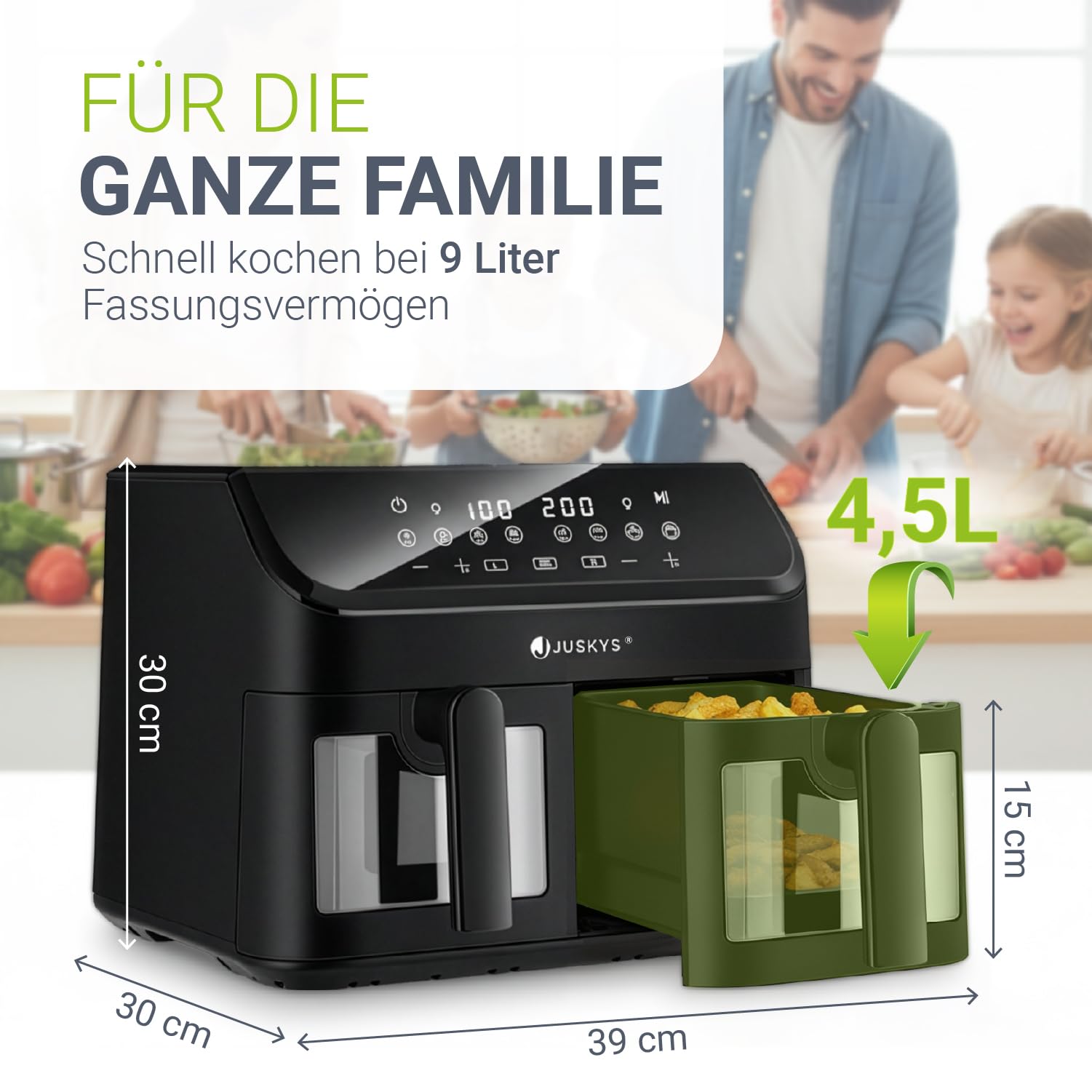 Juskys® Airfryer 9 L Doppelkammer - Heißluftfritteuse 2 Kammern, 9 Programme, beschichtet, XXL Fritteuse