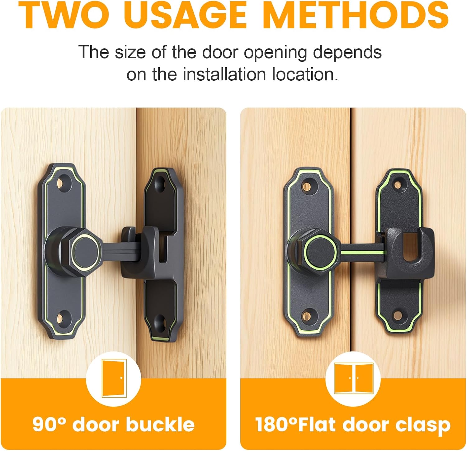 Luminous Barn Door Lock - 90 Degree Gate Latches Flip Latch Safety Door Bolt Lock Hardware - Glow in The Dark Sliding Door Lock for Bathroom, Garden, Garage, Pet Cage (Black, 1 Pack)