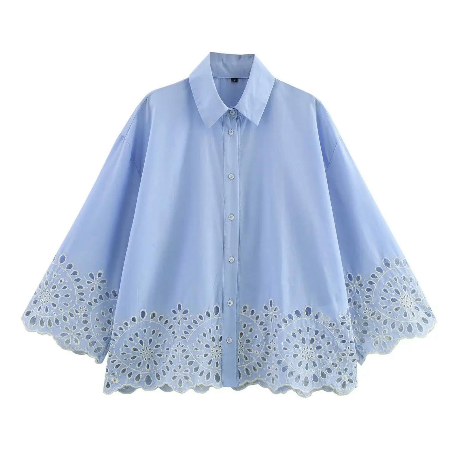 Camicia Donna da con Ricamo Cavo Primaverile Camicie Corte A Maniche Lunghe Camicette Moda Casual Top Donna-Come Immagine-m