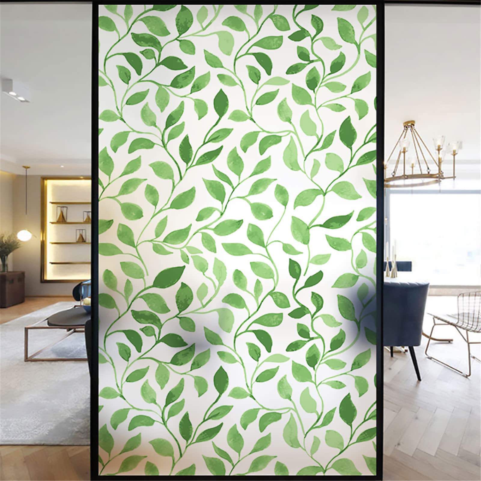 Xqkxhz 2 Window Privacy Film Sun Blocking Green Leaves Frosted Glass Window Film,Non Adhesive Static Cling Uv Blocking Removable Window Clings,Vinyl Opaque Window Stickers For Home Office,,40X100cm