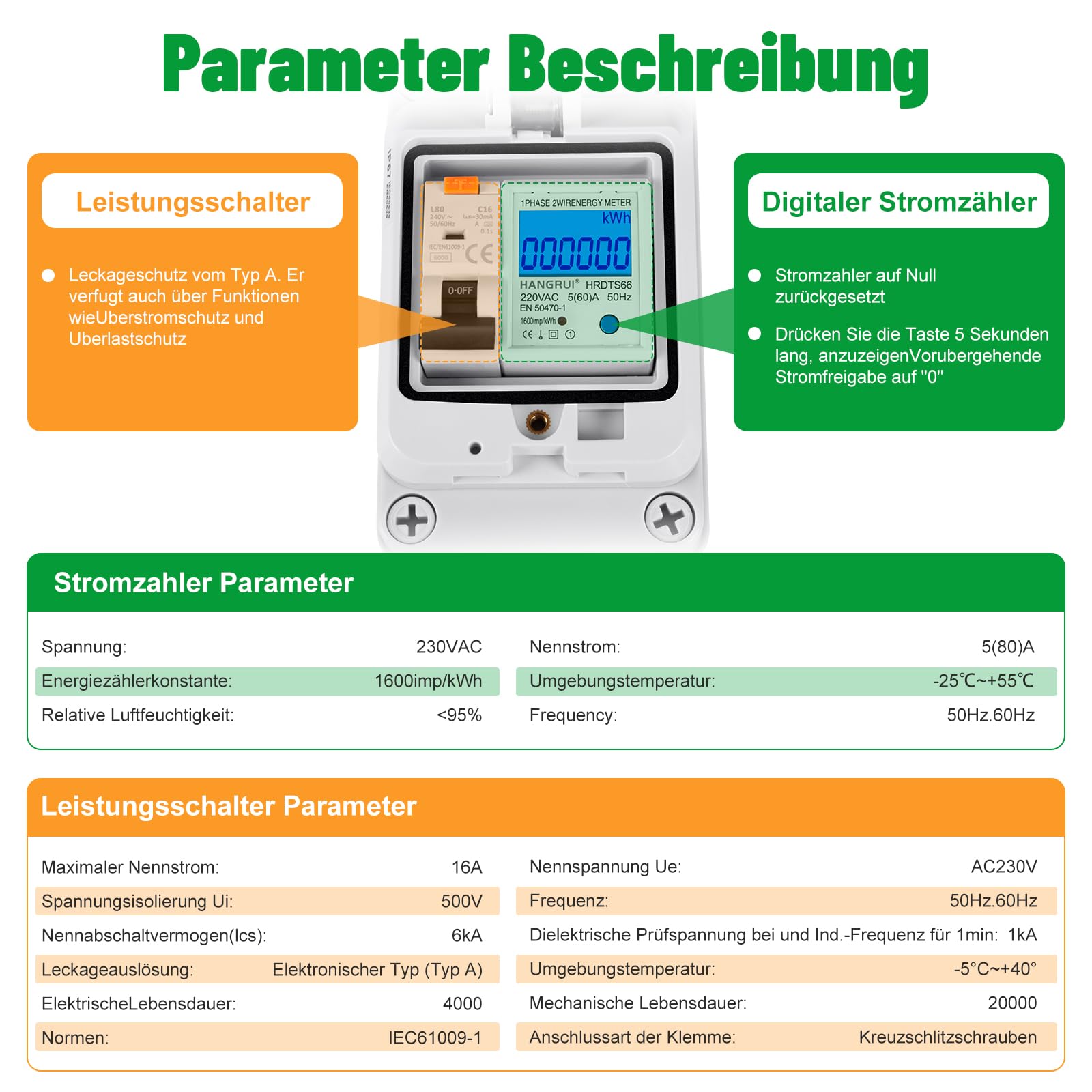 Mobilny cyfrowy licznik prądu do gniazdka, 230 V, 80 A, mobilny miernik KWH z wyłącznikiem ochronnym typu A fi ls 16 A i IP65, wodoszczelny przewód gumowy, przenośny, do samochodów kempingowych i