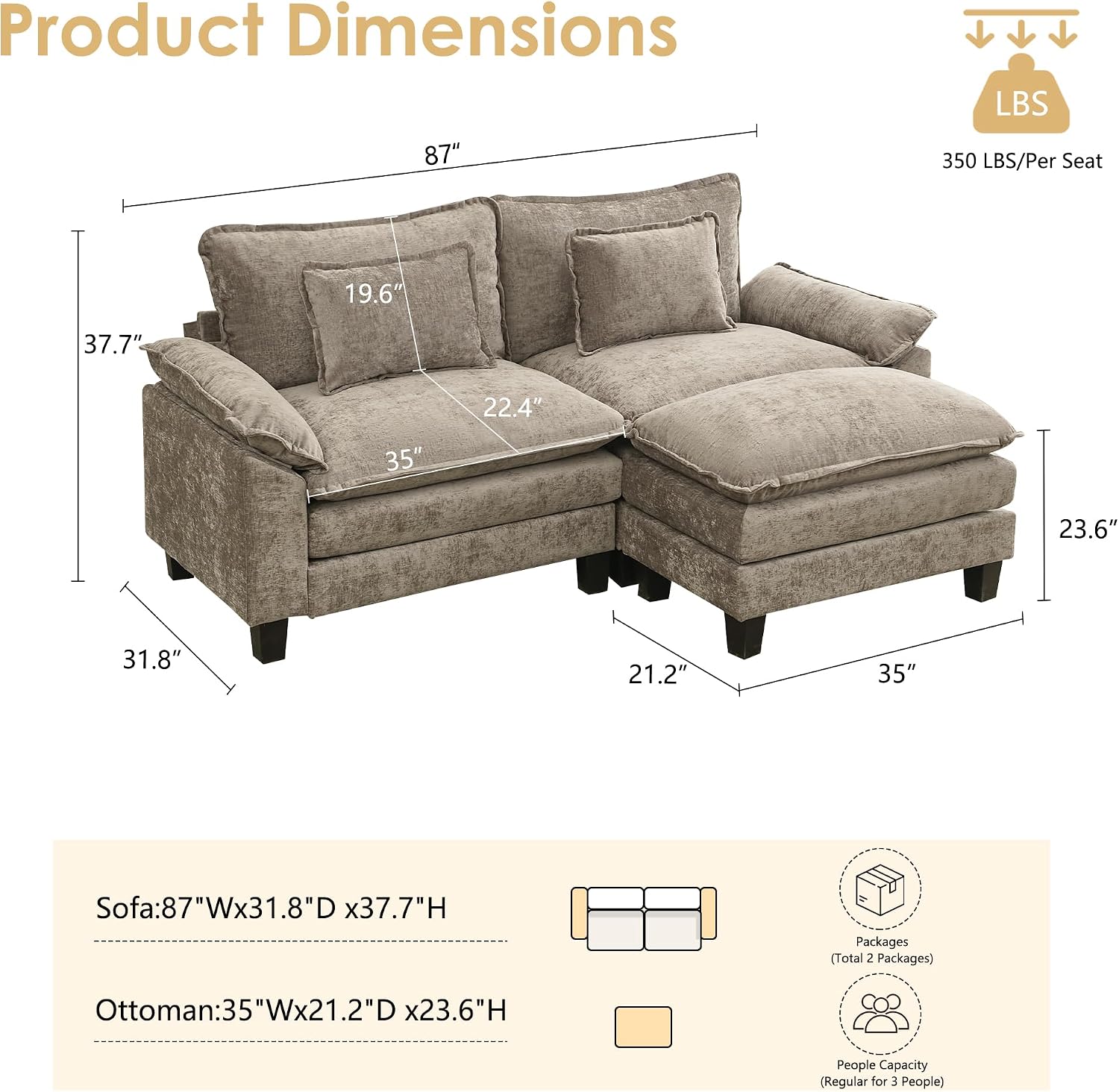 URRED Cloud Modular Sectional Sofa 87" L-Shaped Deep Seat Chenille Fabric Khaki