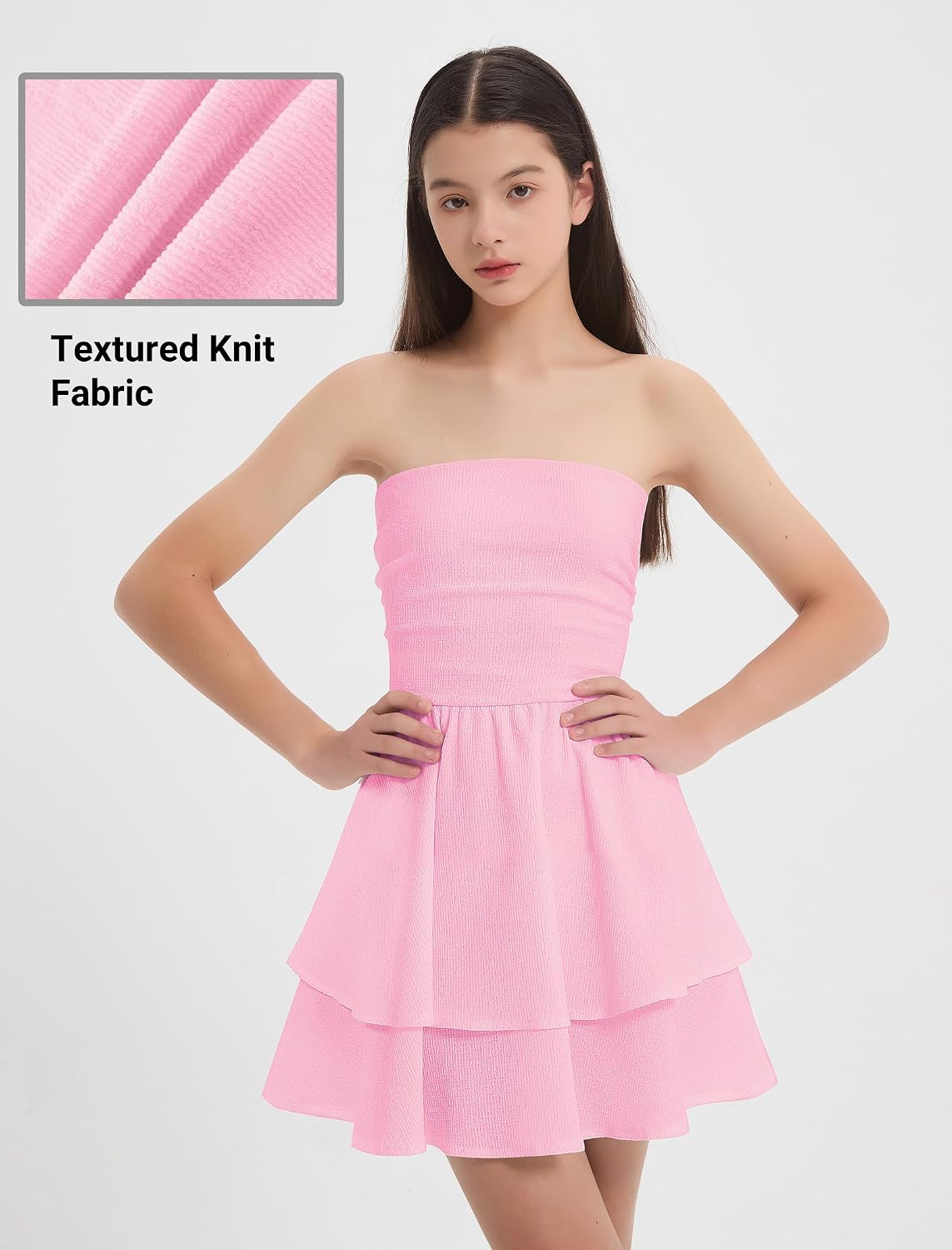 EXARUS Girls Strapless Padded Dresses Tube Top Smocked Ruffle Hem A-Line Teen Mini Graduation Summer Casual Dress 8-14Y