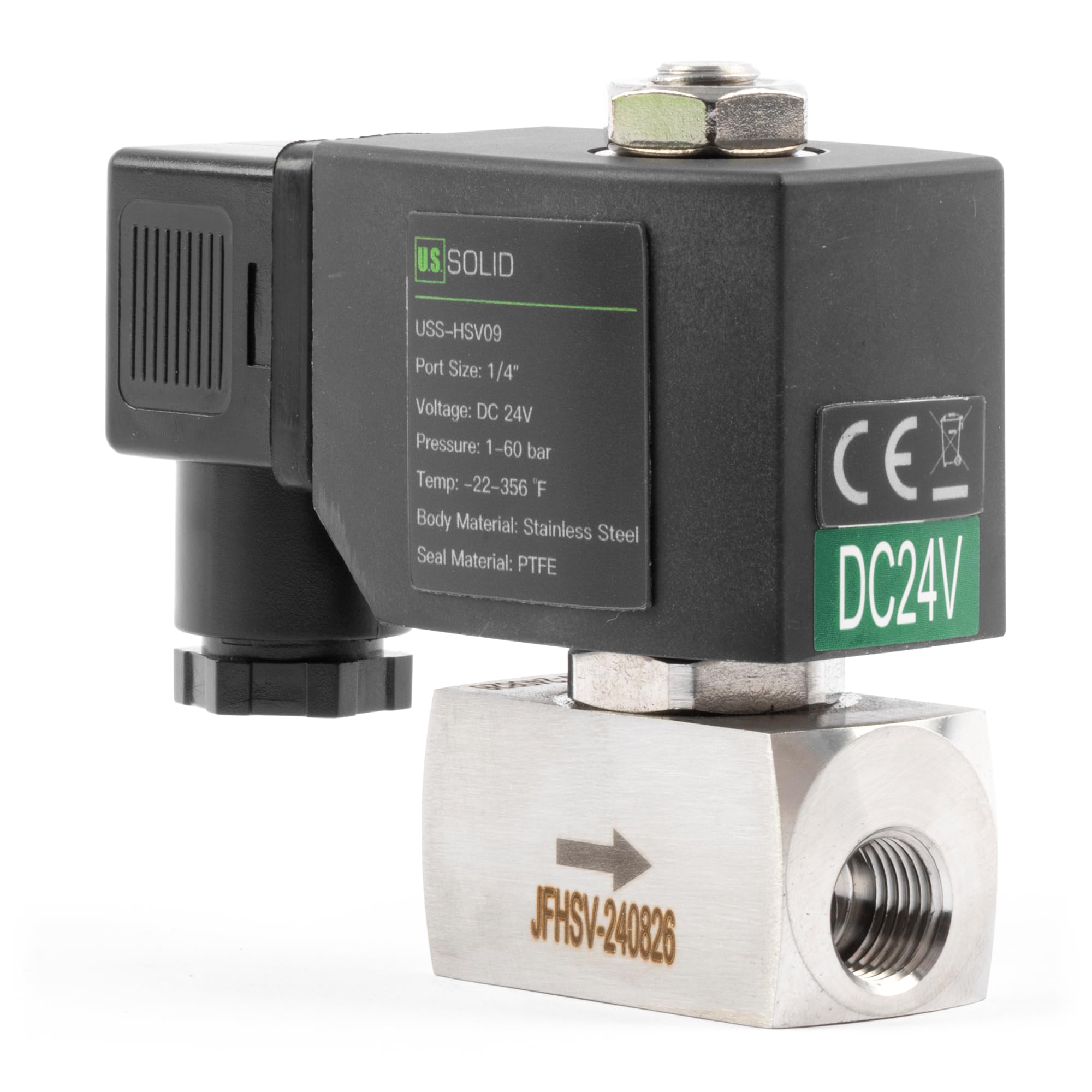 U.S. Solid Elettrovalvola alta pressione 1/4" in acciaio inox – 24 V DC, 60 bar, da -30°C a 180°C, resistente alta temperatura