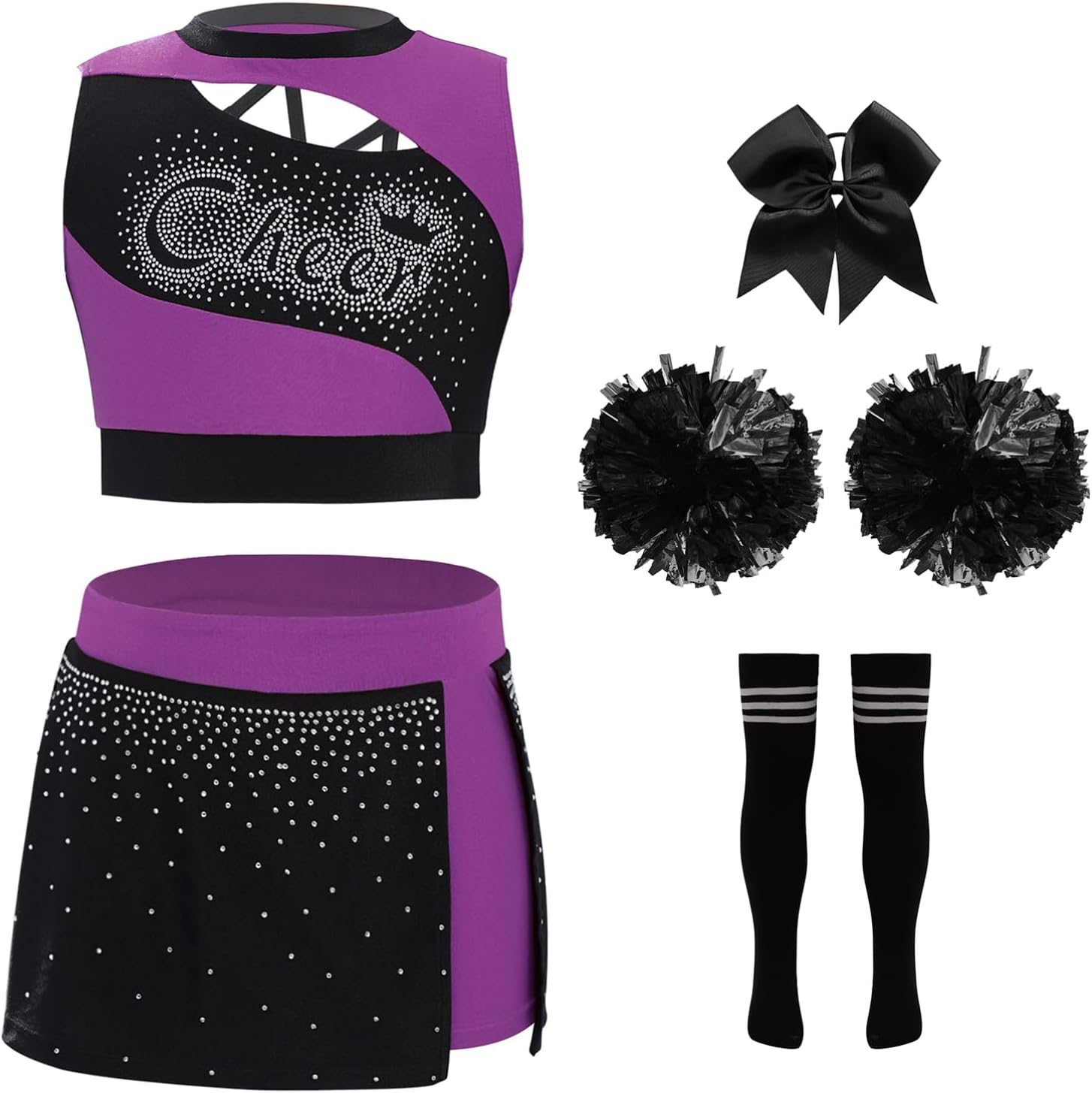 Aislor Kids Girls 5 Piece High School Cheerleading Uniform Outfit Crop Top and Skirt Headwear Pom Poms Socks Set
