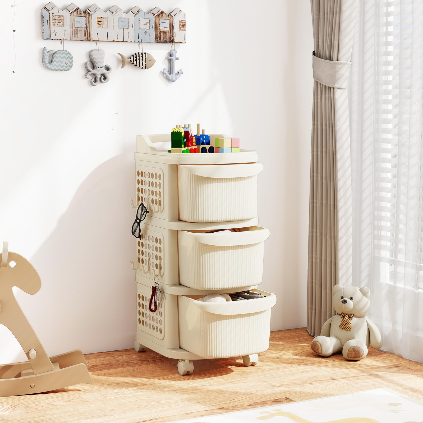 GOPLUS Carrito de Almacenamiento de 3/4 Cajones, Cajonera de Plástico con Ruedas Universales, 6 Ganchos, Panel Perforado y Asa, Carro Organizador Móvil para Salón Cocina Oficina (38 x 32 x 68 cm)