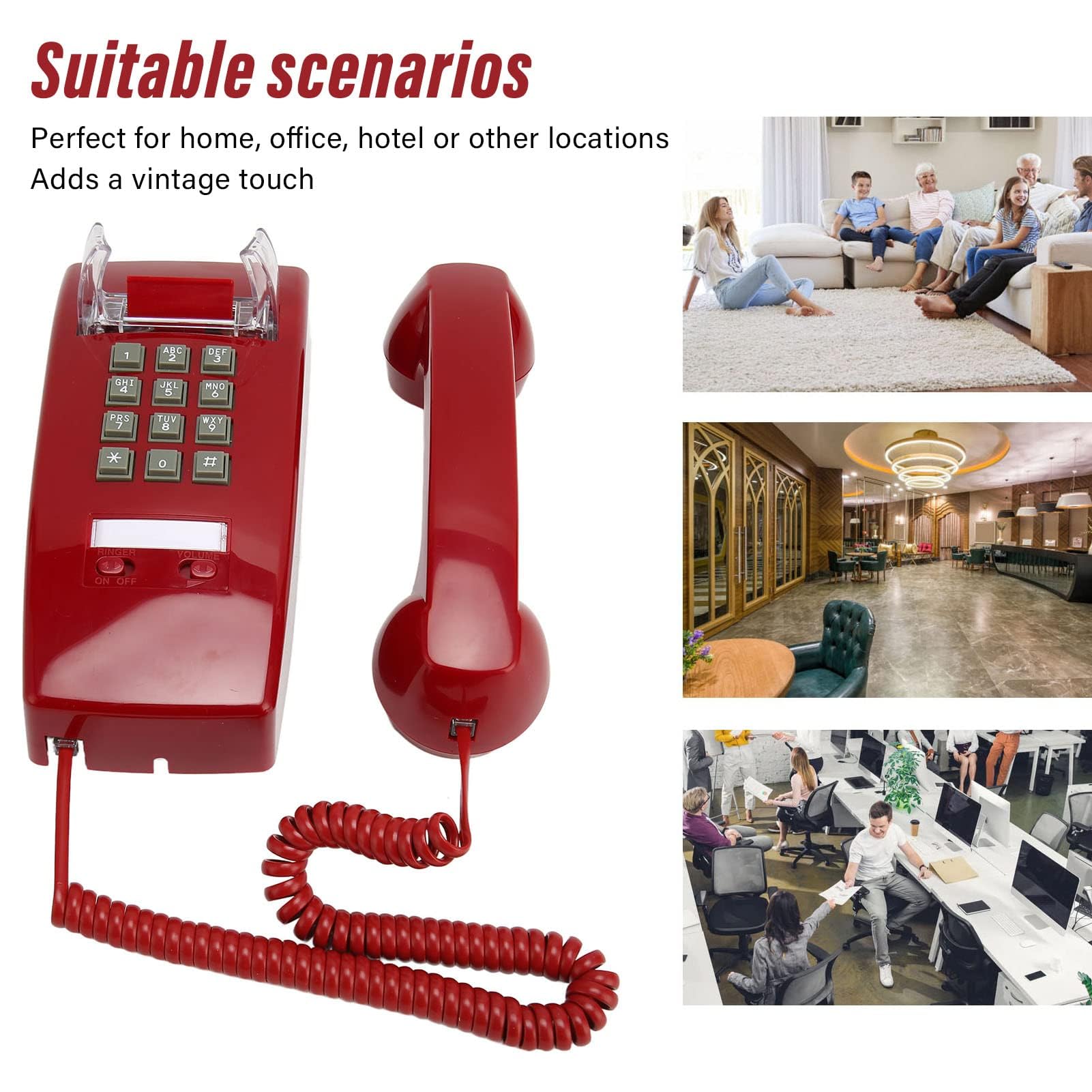 Vintage-Wandtelefone Festnetz, Retro-Wandtelefon Im Alten Stil, Rotes Schnurgebundenes Telefon Zur Wandmontage mit Lautstärkeregler für Senioren-Hotelküche
