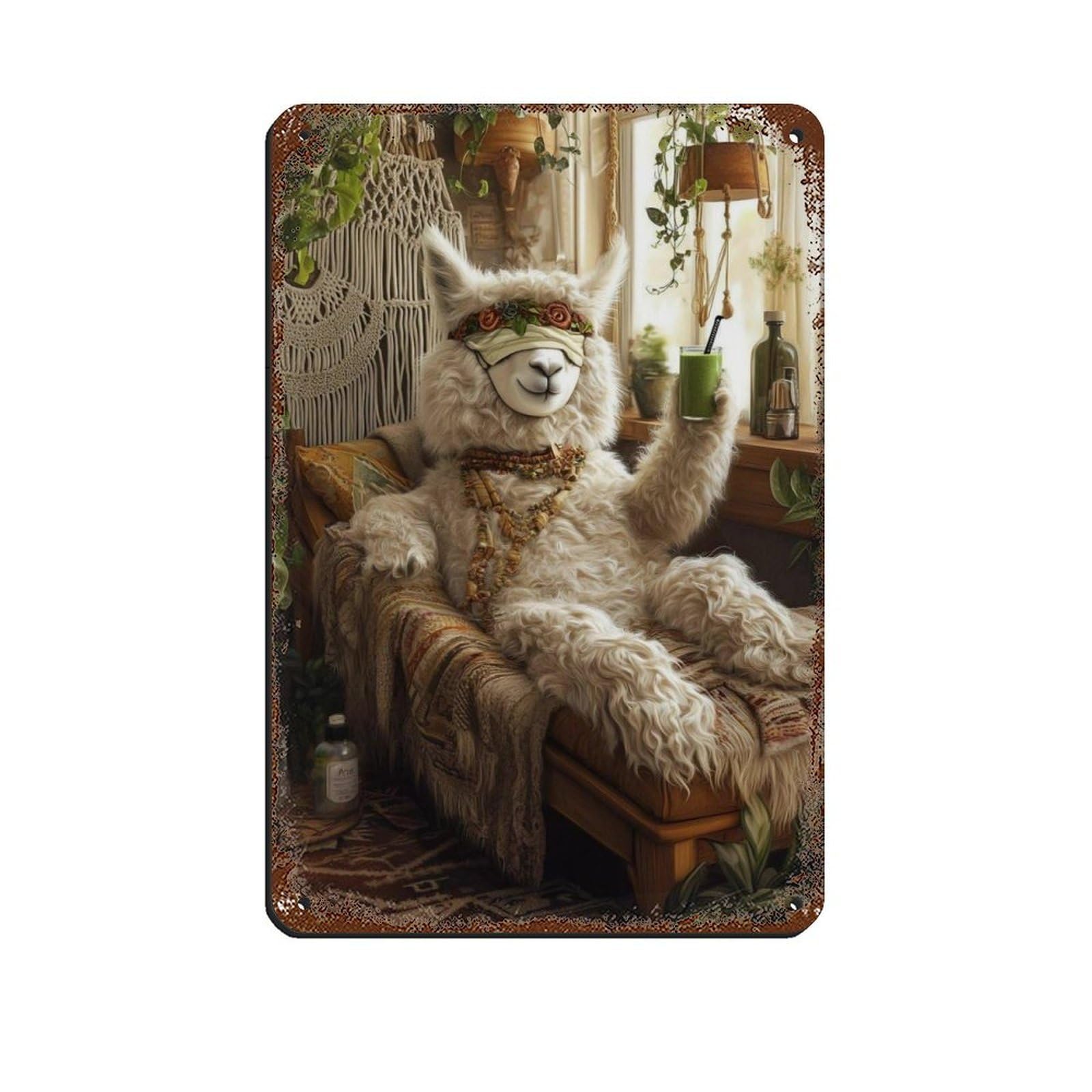 Cozy Llama Lounging with Smoothie Tin Sign Vintage Metal Pub Club Cafe Bar Home Wall Art Decoration Poster Retro 8x12inch(20x30cm)