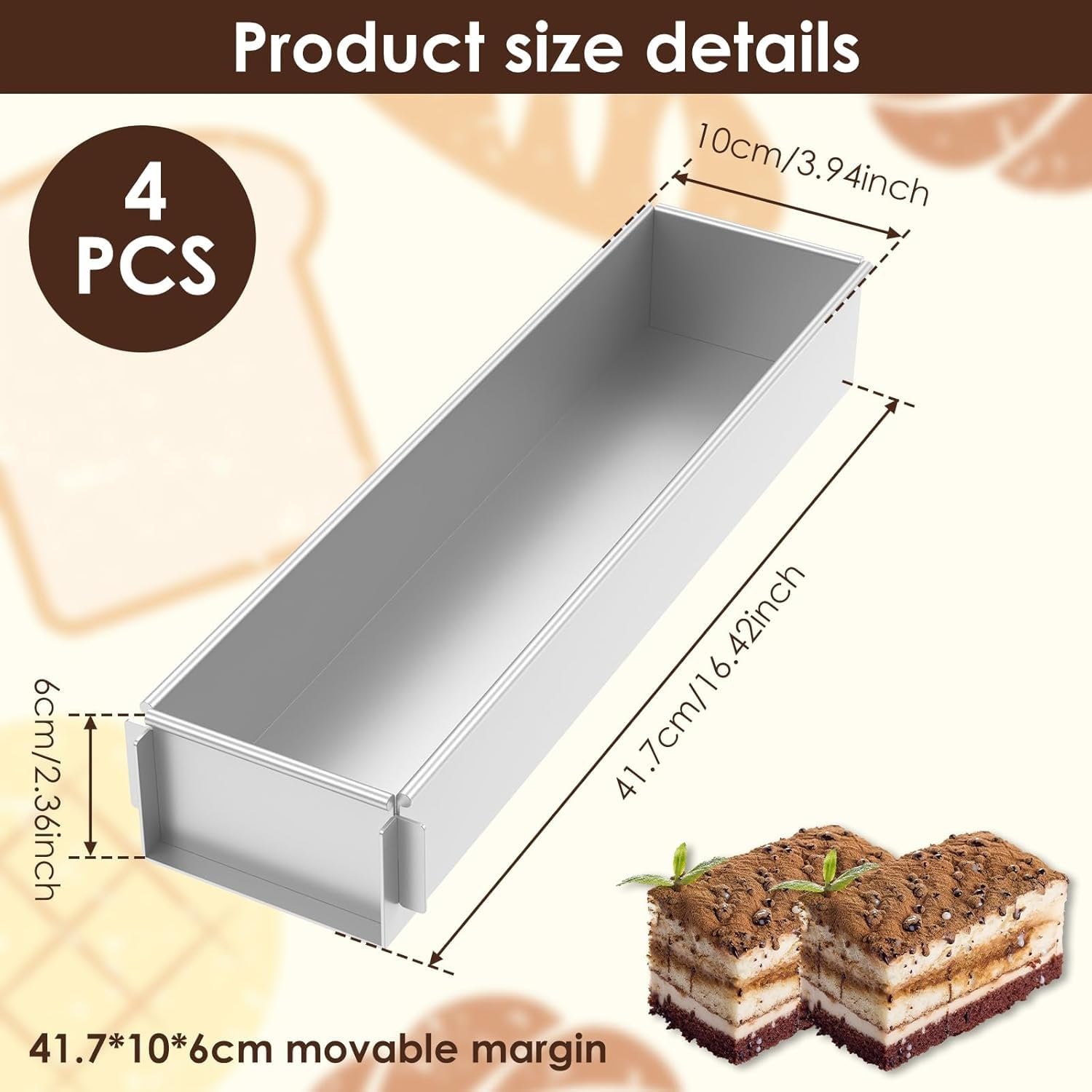 Rechteckige Kuchenform, Verstellbarer Backrahmen, Tiramisus-Kuchenform, Quadratische Mousse-Form, Kuchenring For DIYs Mousse-Kuchen Dessert-Pizza, 41,7 × 10 × 6 Cm