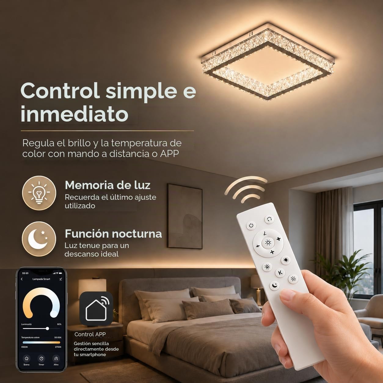 Finktonglan Plafón LED de cristal K9 cuadrado 45×45 cm, 2×28 W regulable 3000–6500 K con mando/APP, semiempotrado de perfil bajo en acero inoxidable para salón, dormitorio y comedor