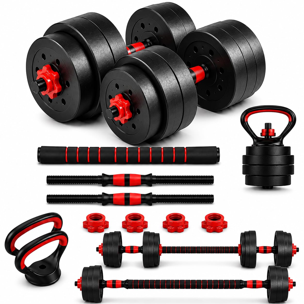 30KG Adjustable Dumbbells, Multi-Function Dumbbell Barbell Combination Set 10-50KG with Padded Connecting Rod, Threaded Handles, Secure Spin Locks and Cement-Filled Weight Plates
