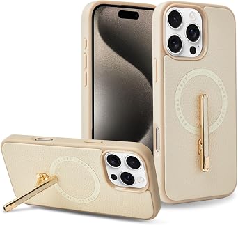 CUSTYPE for iPhone 15 Pro 6.1" Case with Stand, Slim Leather Cover with 2-Way Kickstand, Compatible with MagSafe, Protective Case with Magnetic Feature for Women Beige